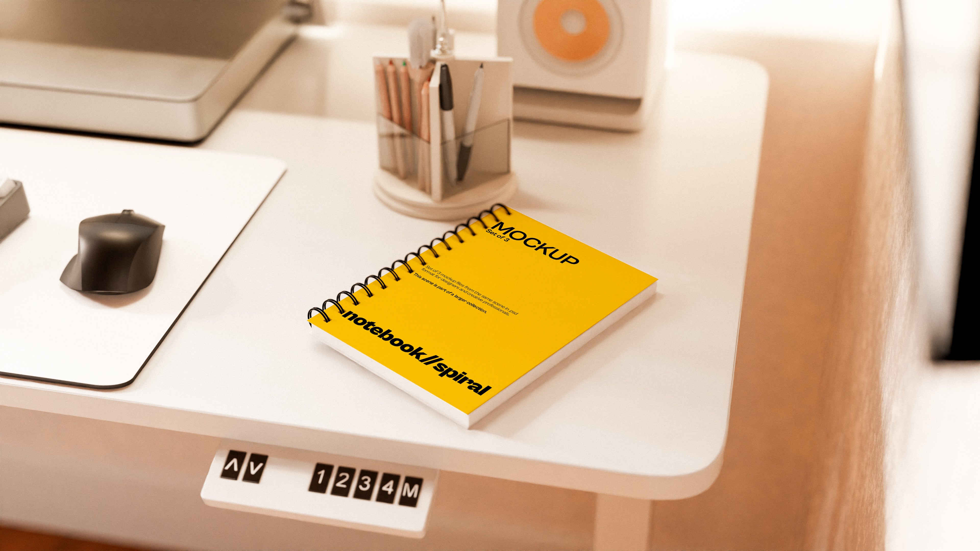 Spiral Sublimation Notebook Mockup Bundle – 3 PSDs in Dark Stylized Scene | Surge Collection
