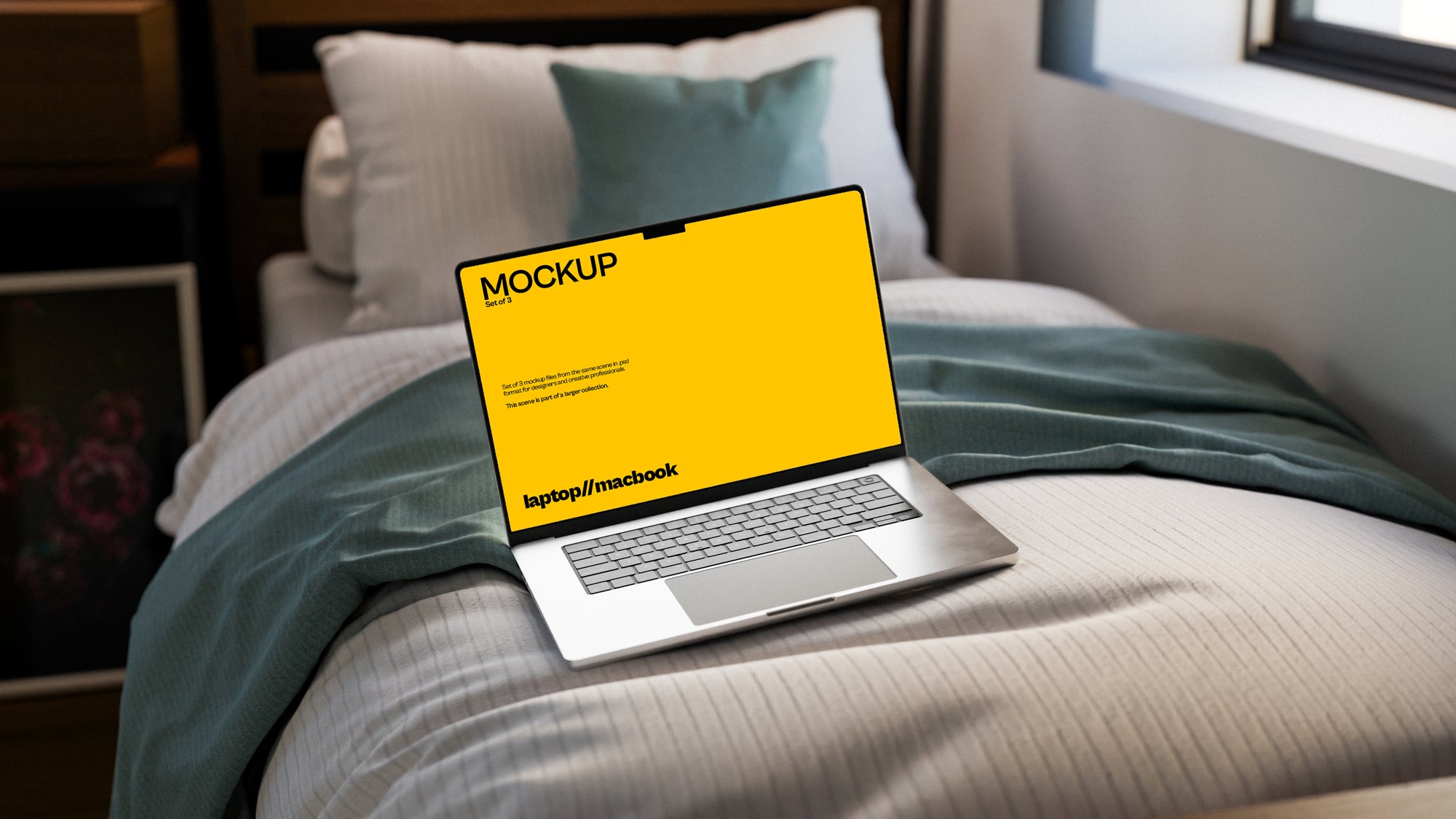 MacBook Screen Mockup Bundle – 3 PSDs in Calm Minimal Interior | Sanctum Collection