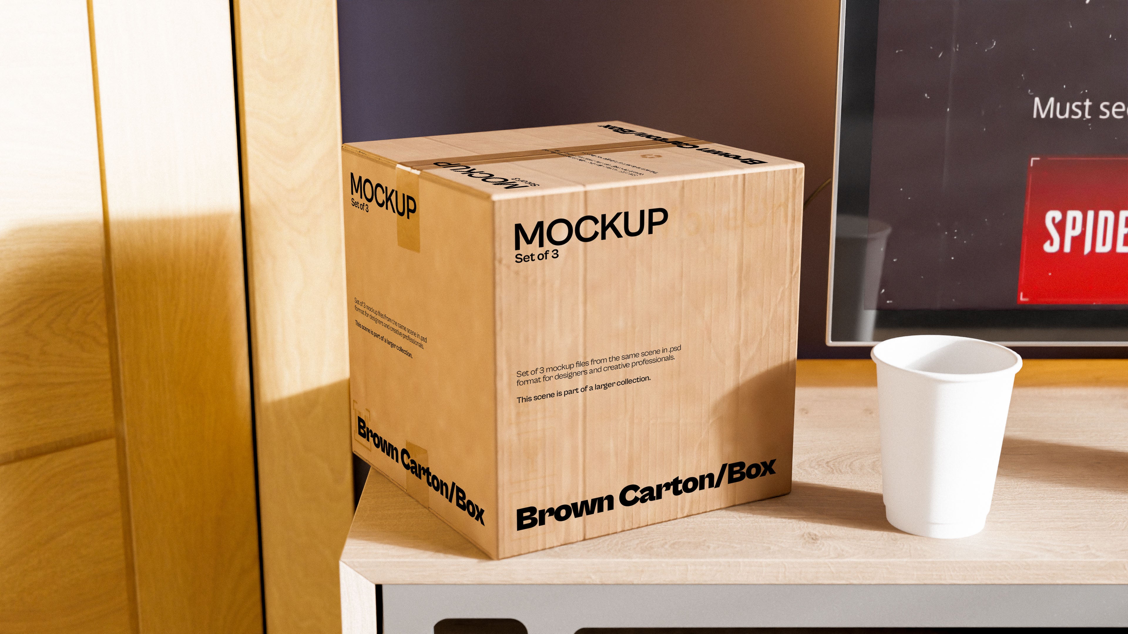 Brown Carton Box Mockup Bundle – 3 PSDs on Coffee Table