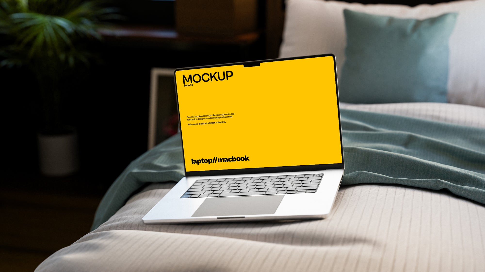 MacBook Screen Mockup Bundle – 3 PSDs in Calm Minimal Interior | Sanctum Collection