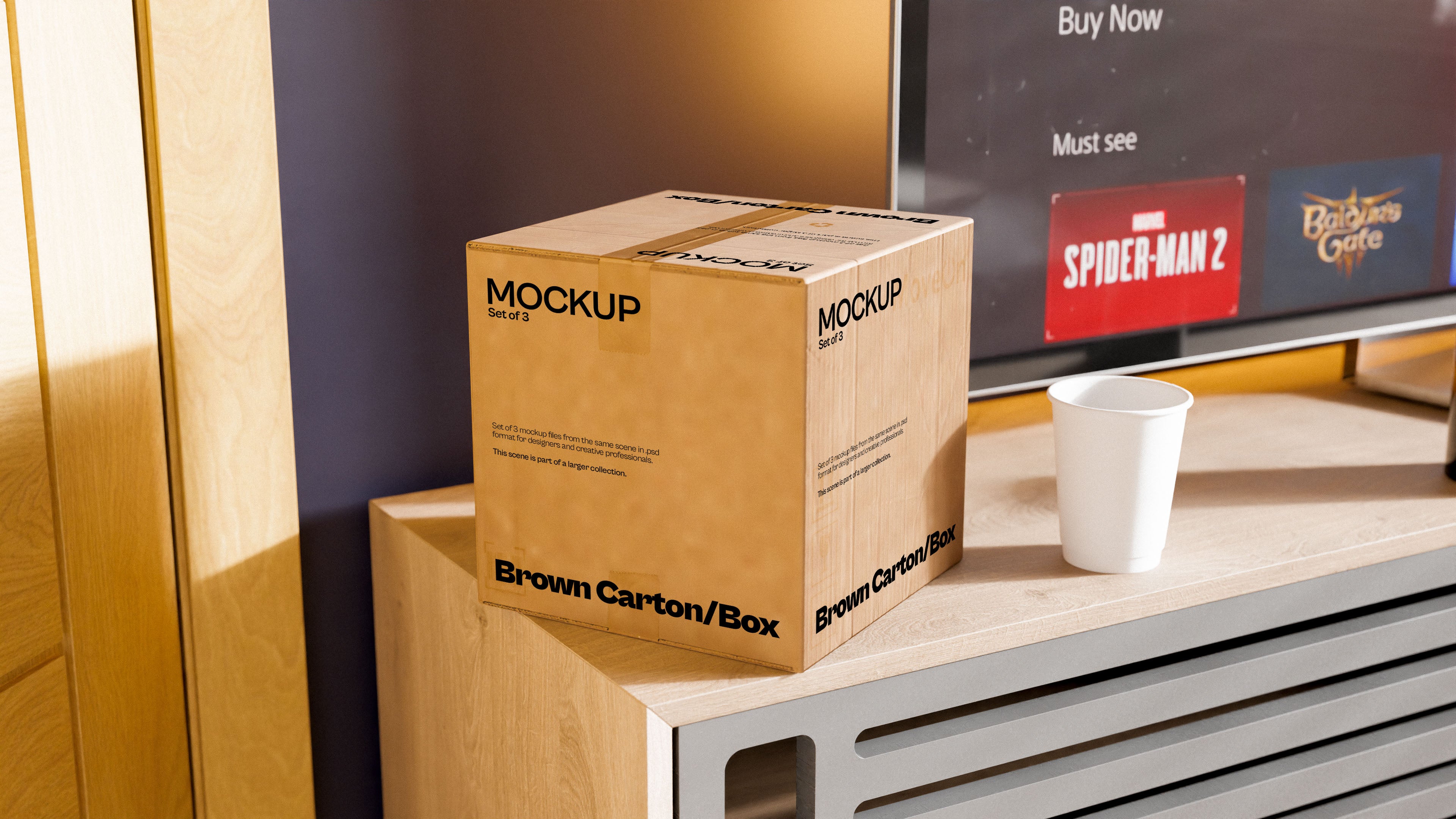 Brown Carton Box Mockup Bundle – 3 PSDs on Coffee Table