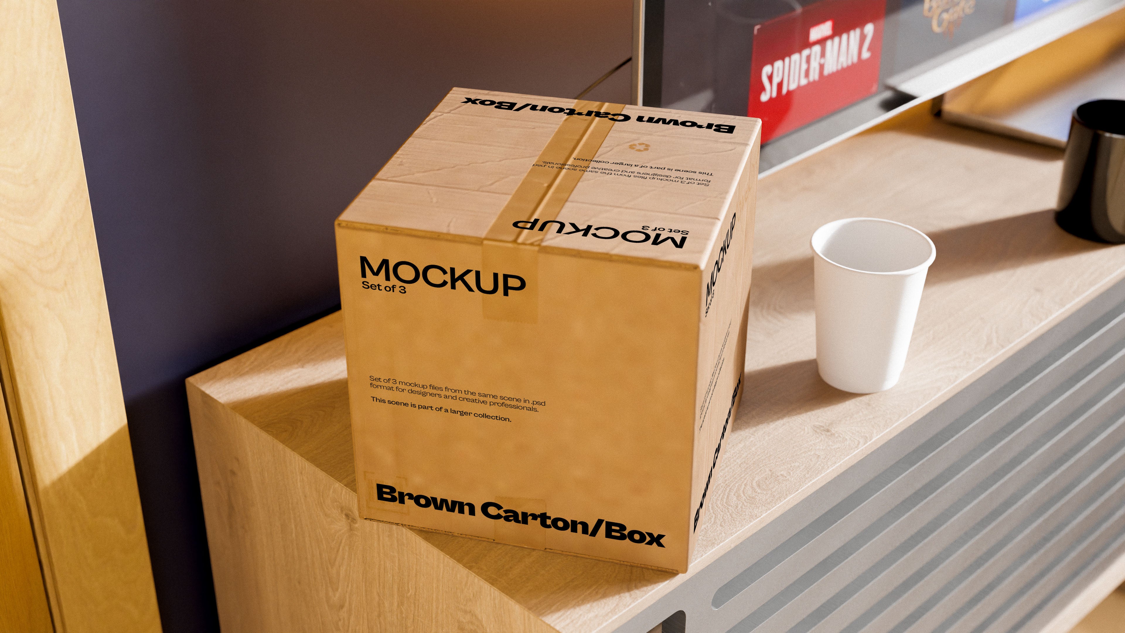 Brown Carton Box Mockup Bundle – 3 PSDs on Coffee Table