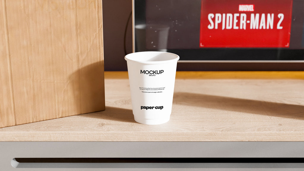 Paper Coffee Cup Mockup Bundle – 3 PSDs on Work Desk