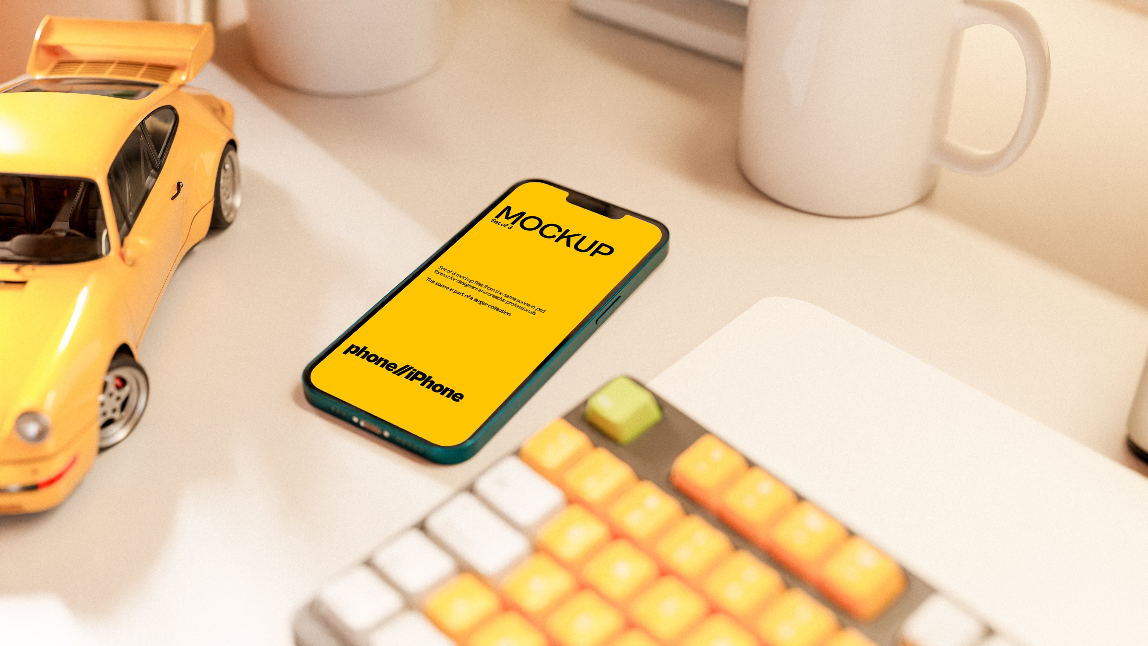 iPhone Screen Mockup Bundle – 3 PSDs in Dark Futuristic Scene | Surge Collection