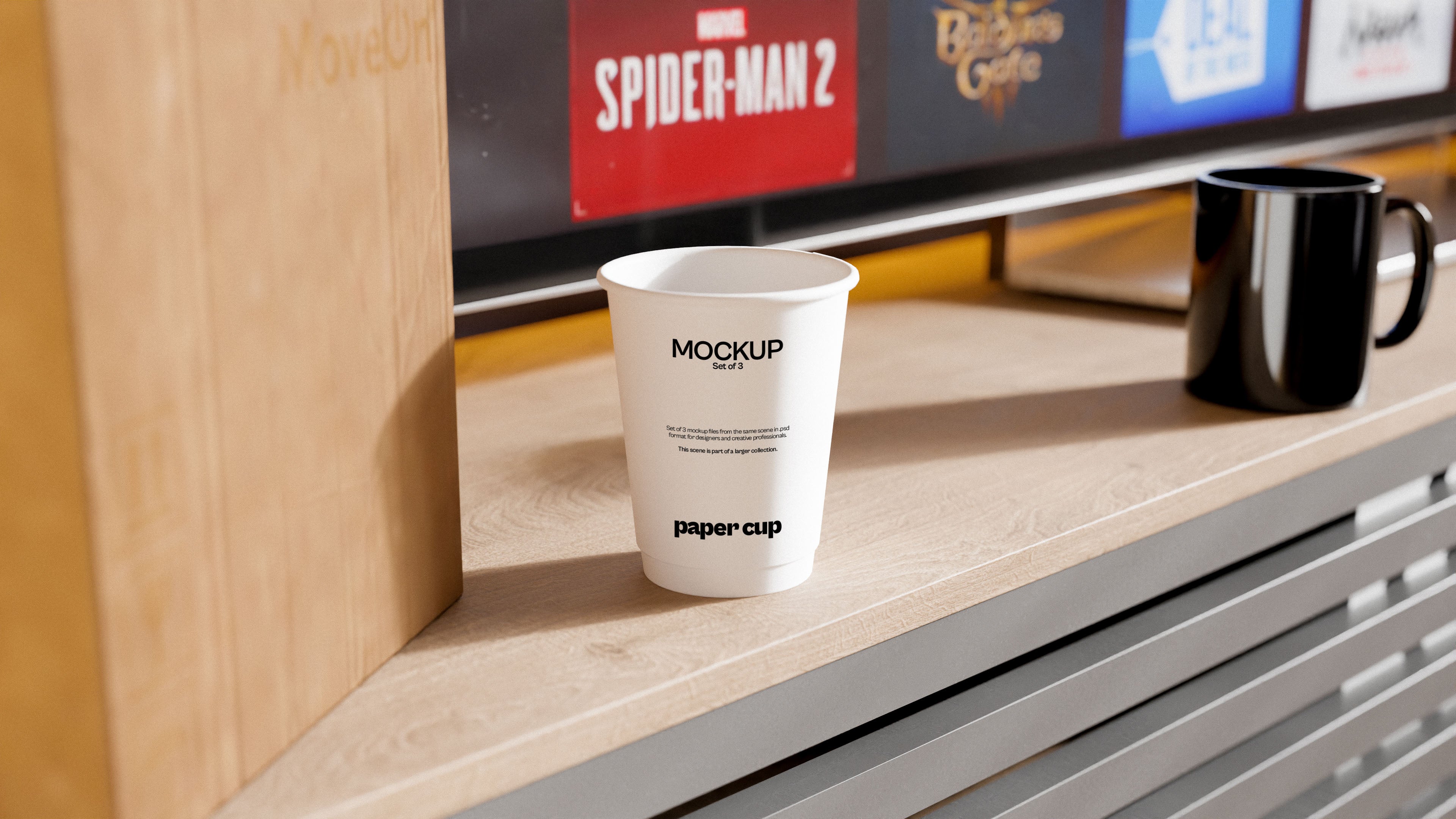 Paper Coffee Cup Mockup Bundle – 3 PSDs on Work Desk