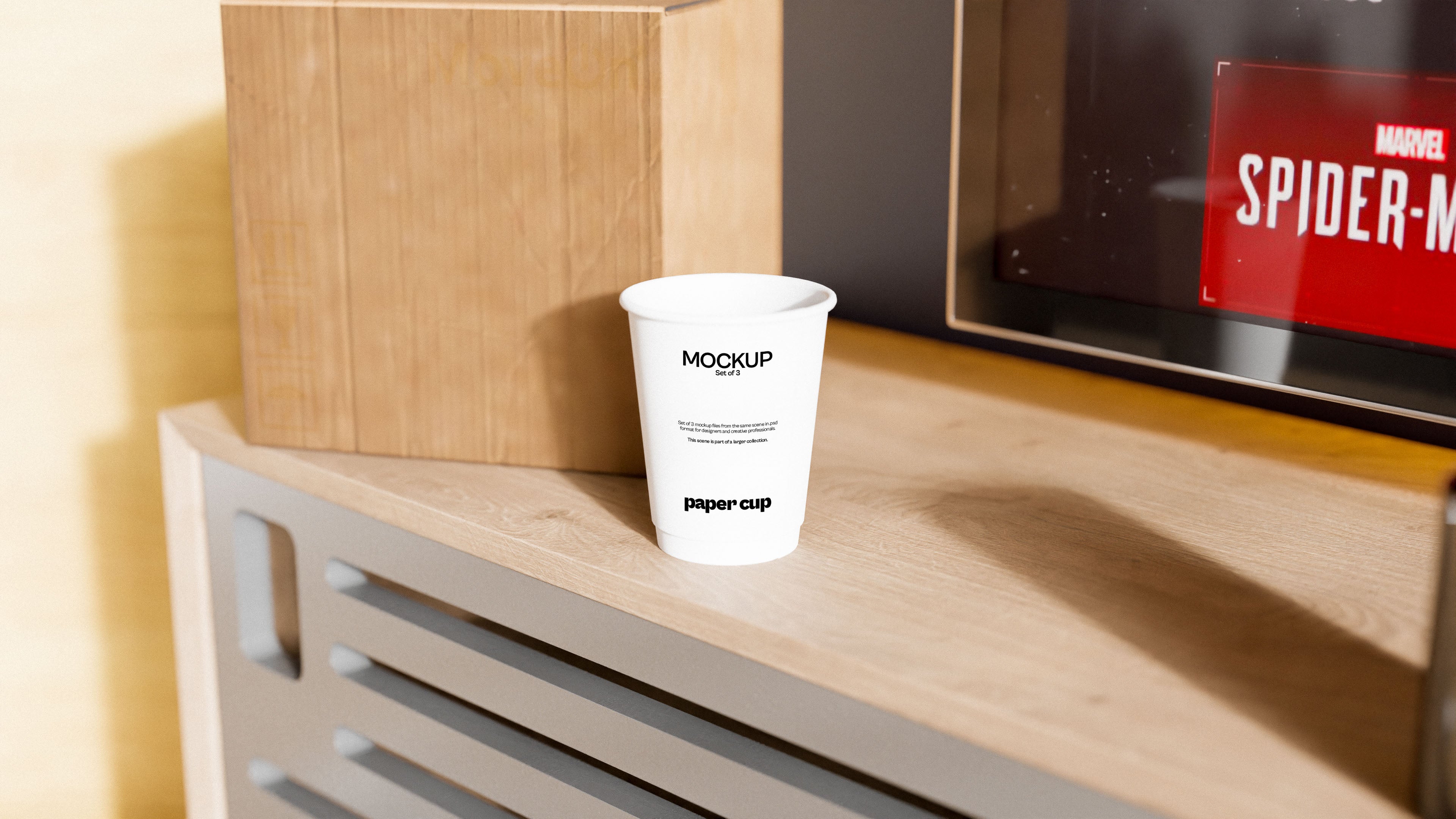 Paper Coffee Cup Mockup Bundle – 3 PSDs on Work Desk