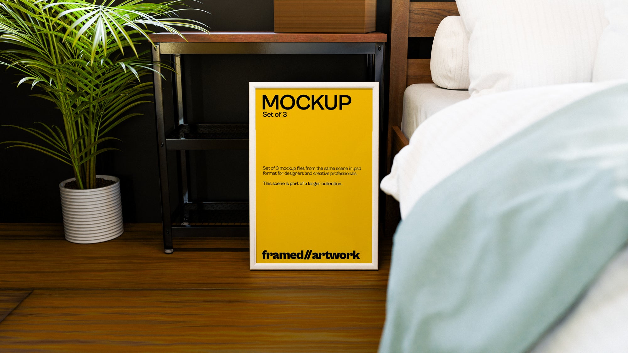 Framed Artwork on Floor Mockup Bundle – 3 PSDs Beside Bed | Sanctum Collection