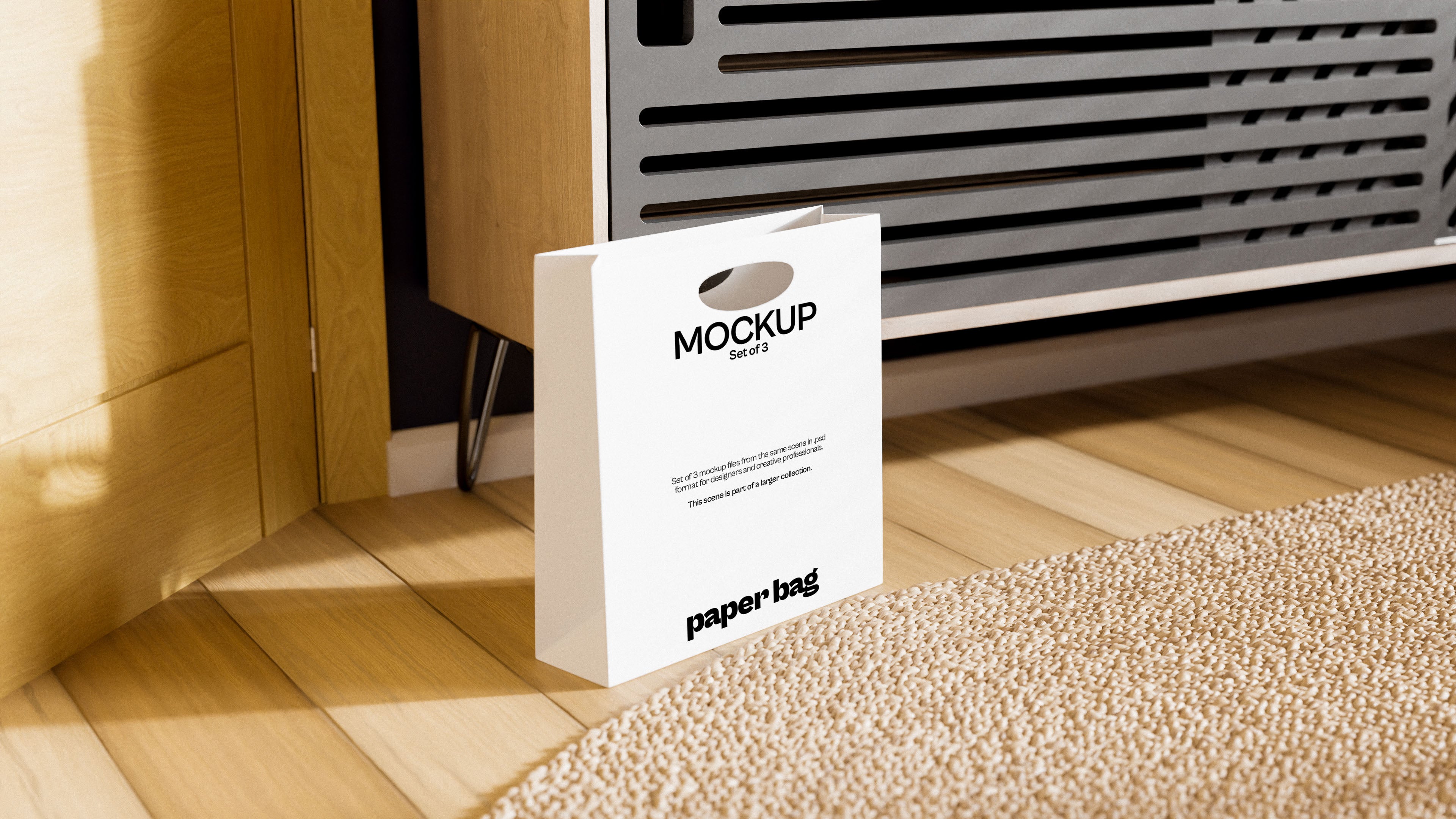 White Paper Bag Mockup Bundle – 3 PSDs in Cozy Living Space