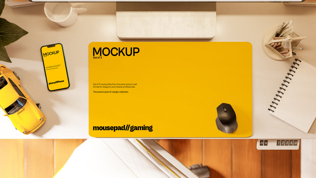 Long Gaming Mousepad Mockup Bundle – 3 PSDs in Futuristic Desk Setup | Surge Collection