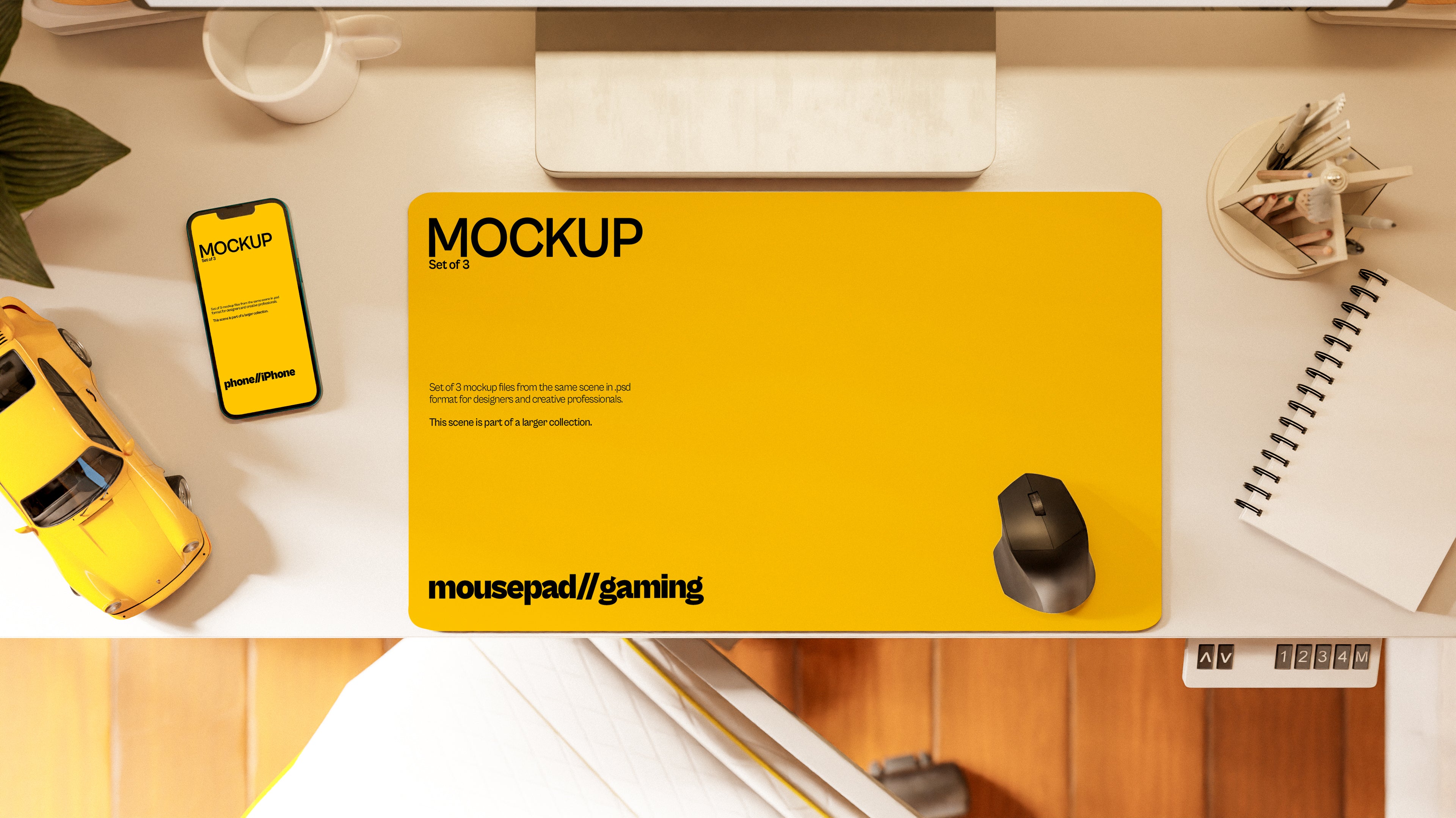 Long Gaming Mousepad Mockup Bundle – 3 PSDs in Futuristic Desk Setup | Surge Collection