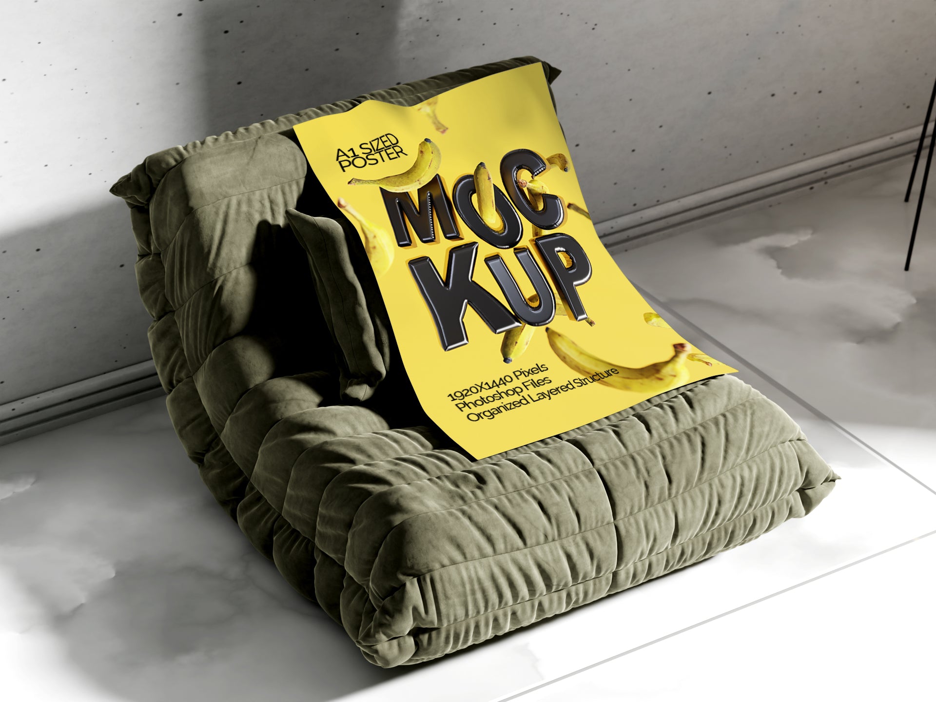 A1 Poster Mockup Bundle – 4 PSDs with Poster on Sofa | Crest Collection