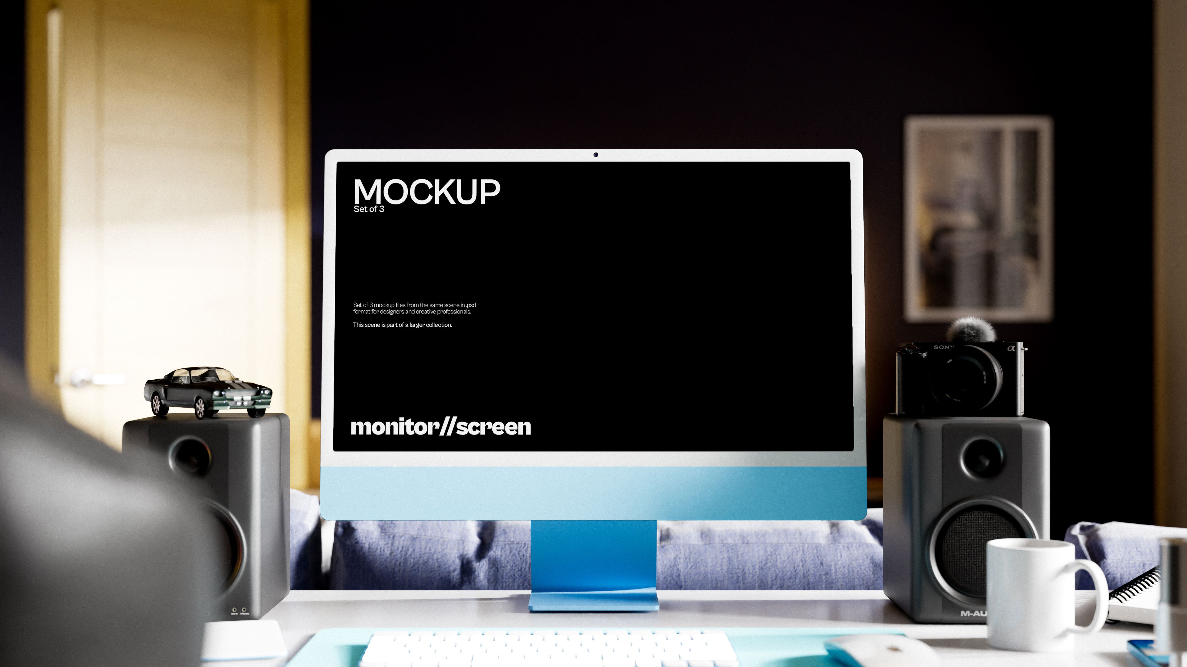 iMac Screen Mockup Bundle – 3 PSDs in Work-From-Home Setting