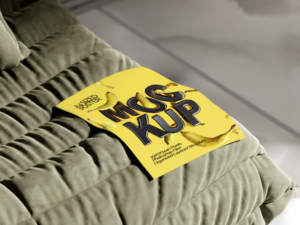 A4 Poster Mockup Bundle – 4 PSDs with Poster on Sofa | Crest Collection