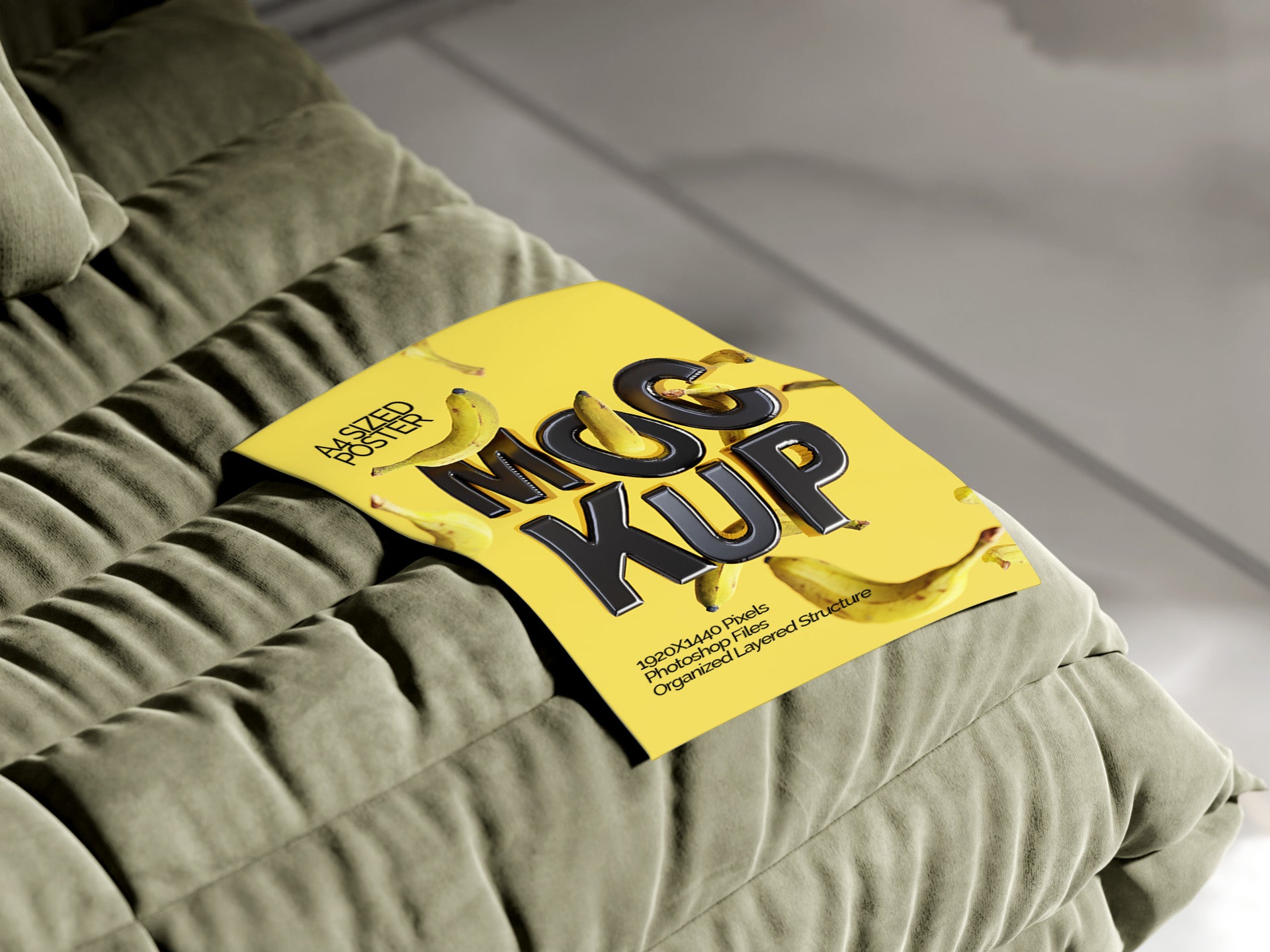 A4 Poster Mockup Bundle – 4 PSDs with Poster on Sofa | Crest Collection