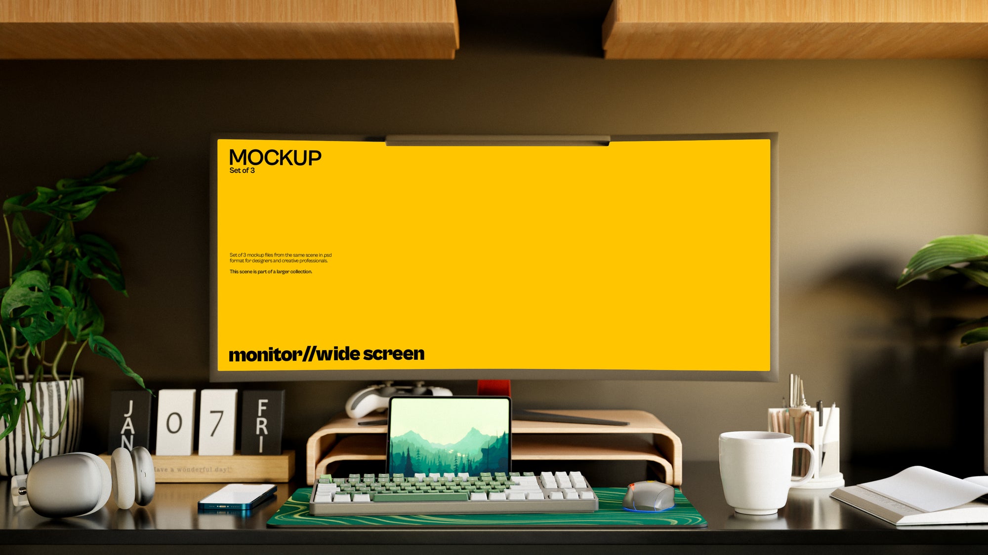 Widescreen Gaming Monitor Mockup Bundle – 3 PSDs in Minimal Interior | Sanctum Collection