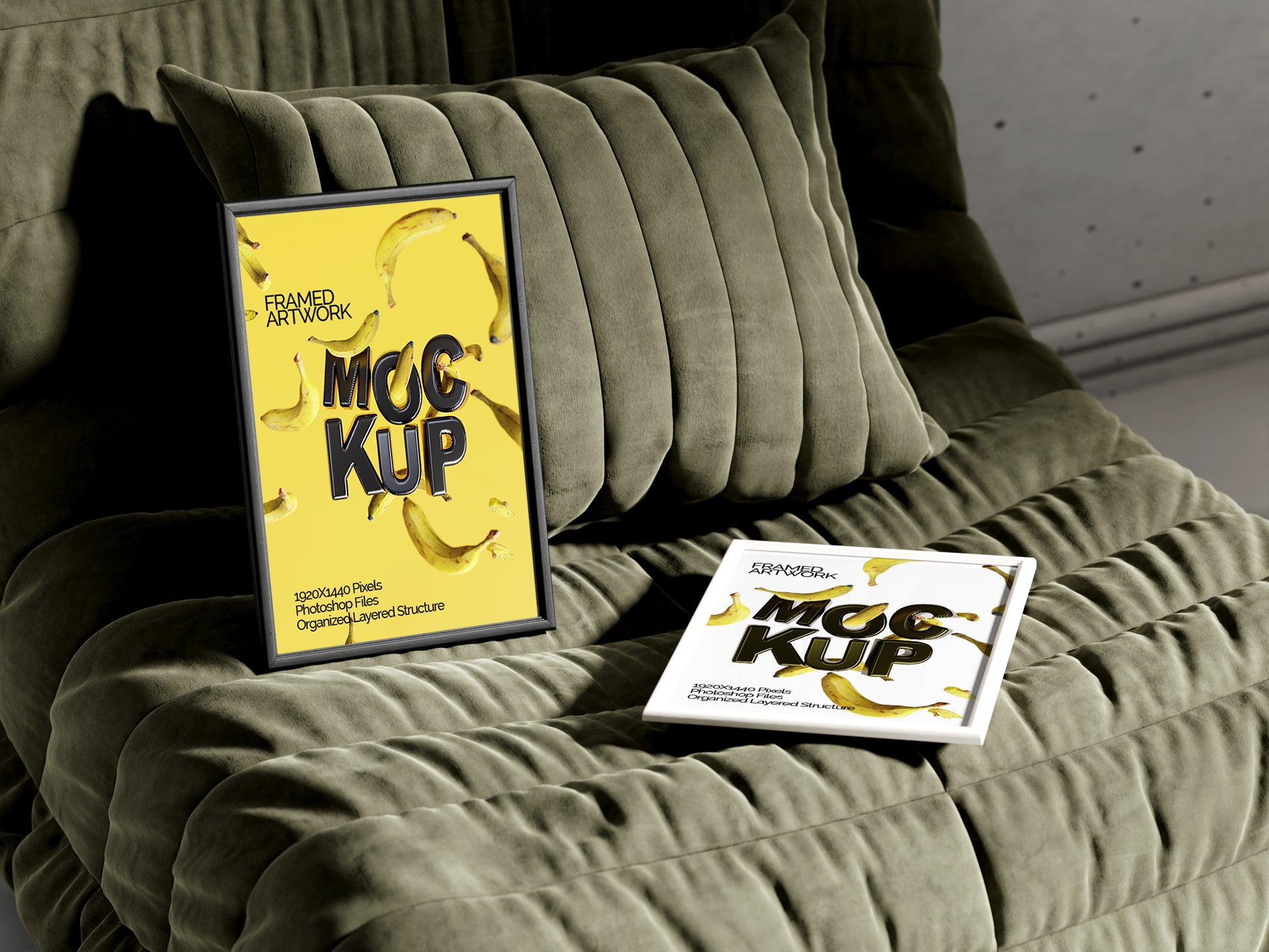 2 Small Framed Artwork Mockup Bundle – 7 PSDs with Frames on Sofa | Crest Collection