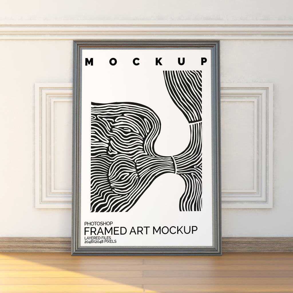 Large Framed Artwork Mockup Bundle – 4 PSDs Leaned Against Paneled Wall
