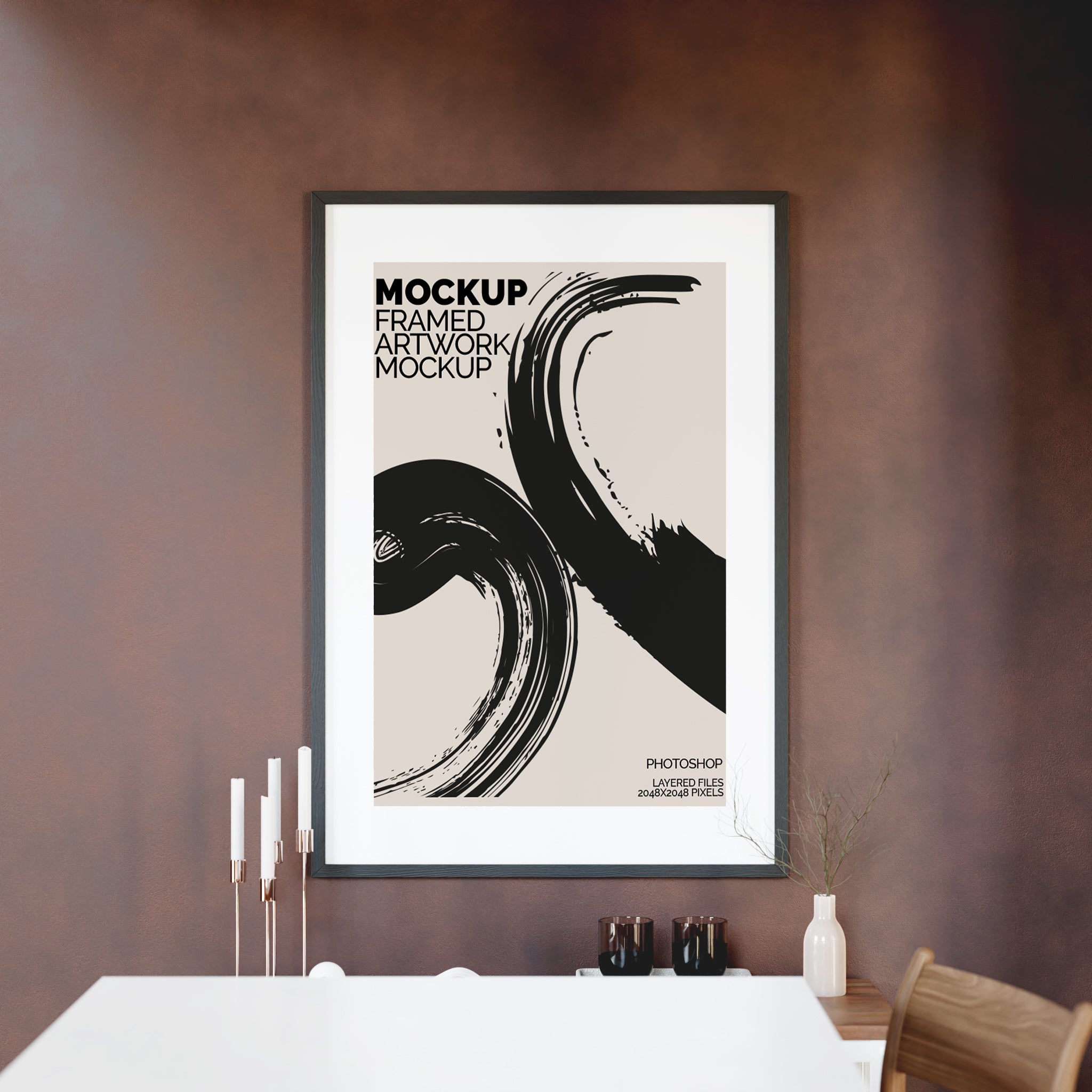 Framed Artwork Mockup Bundle – 6 PSDs with Dark Wall & Luxury Shelf Styling