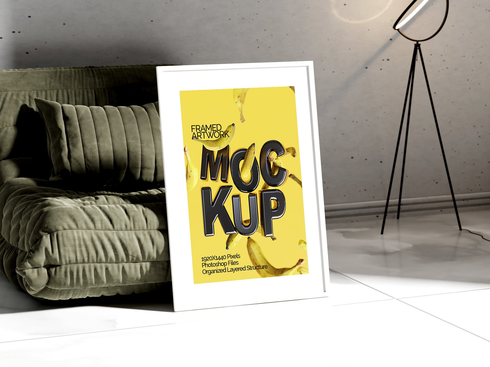 Large Framed Artwork Mockup Bundle – 4 PSDs with Frame on Sofa | Crest Collection