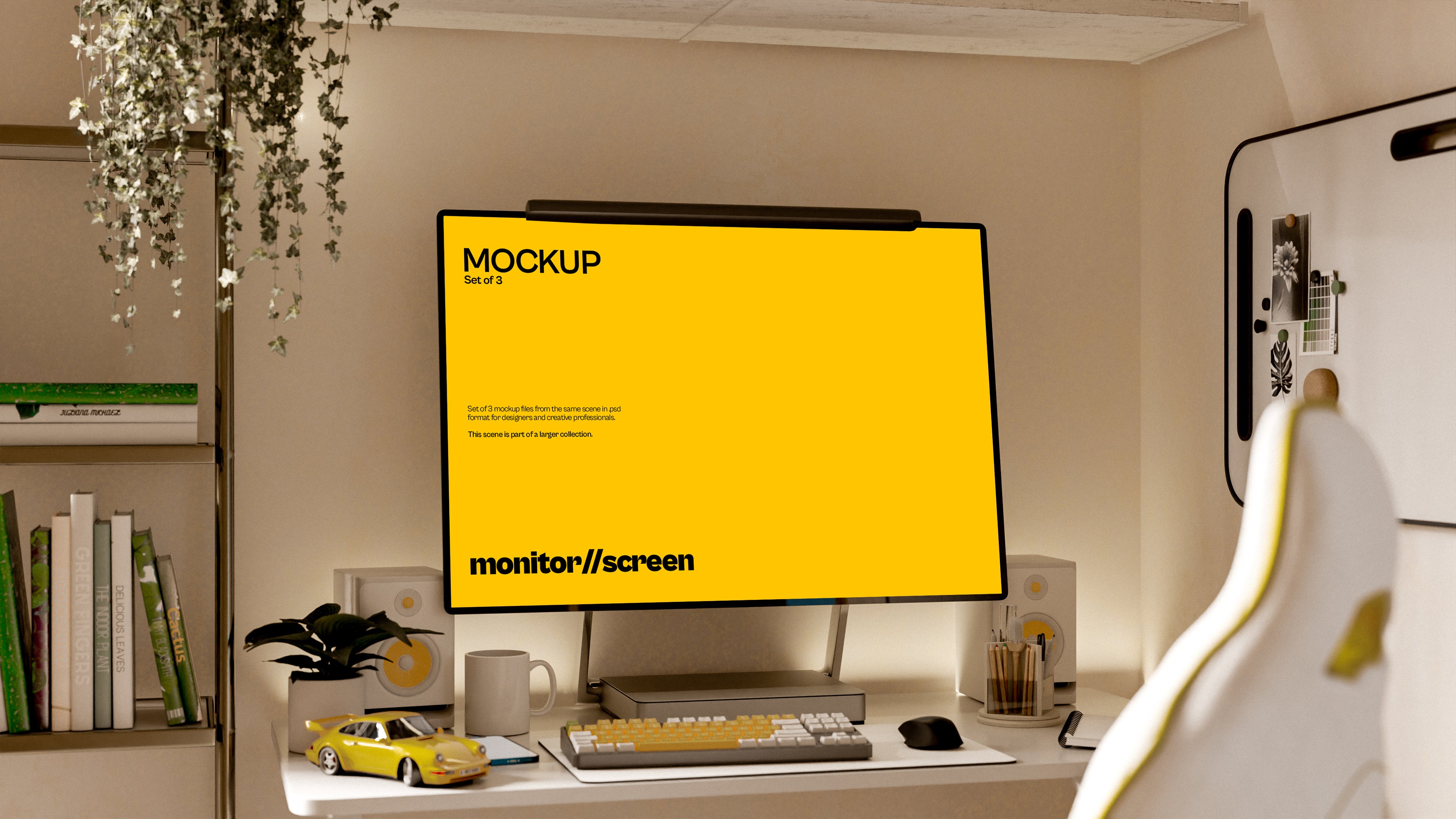 iMac Screen Mockup Bundle – 3 PSDs in Dark Tech Workspace | Surge Collection