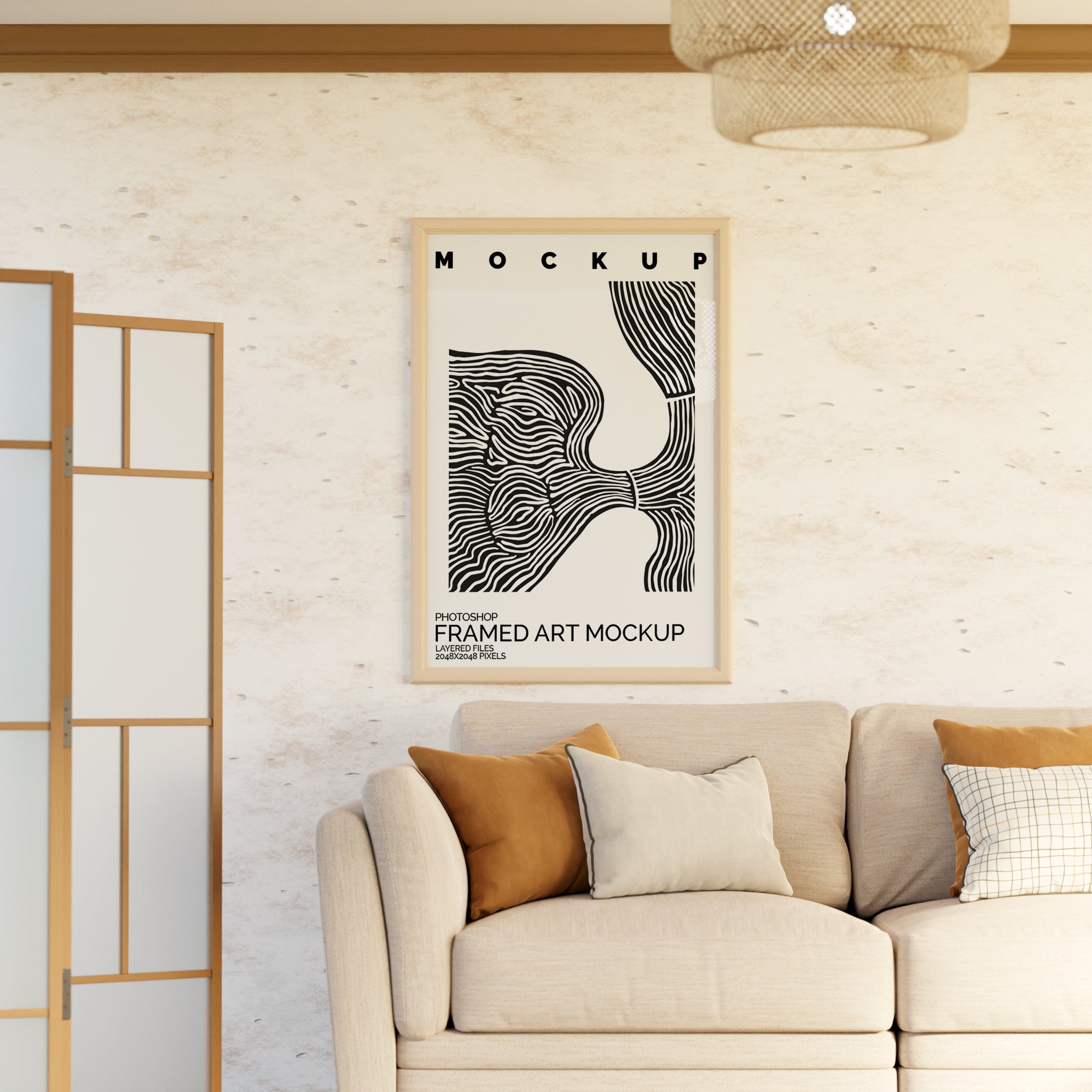 Framed Artwork Mockup Bundle – 4 PSDs with Cozy Sofa & Wall Scene
