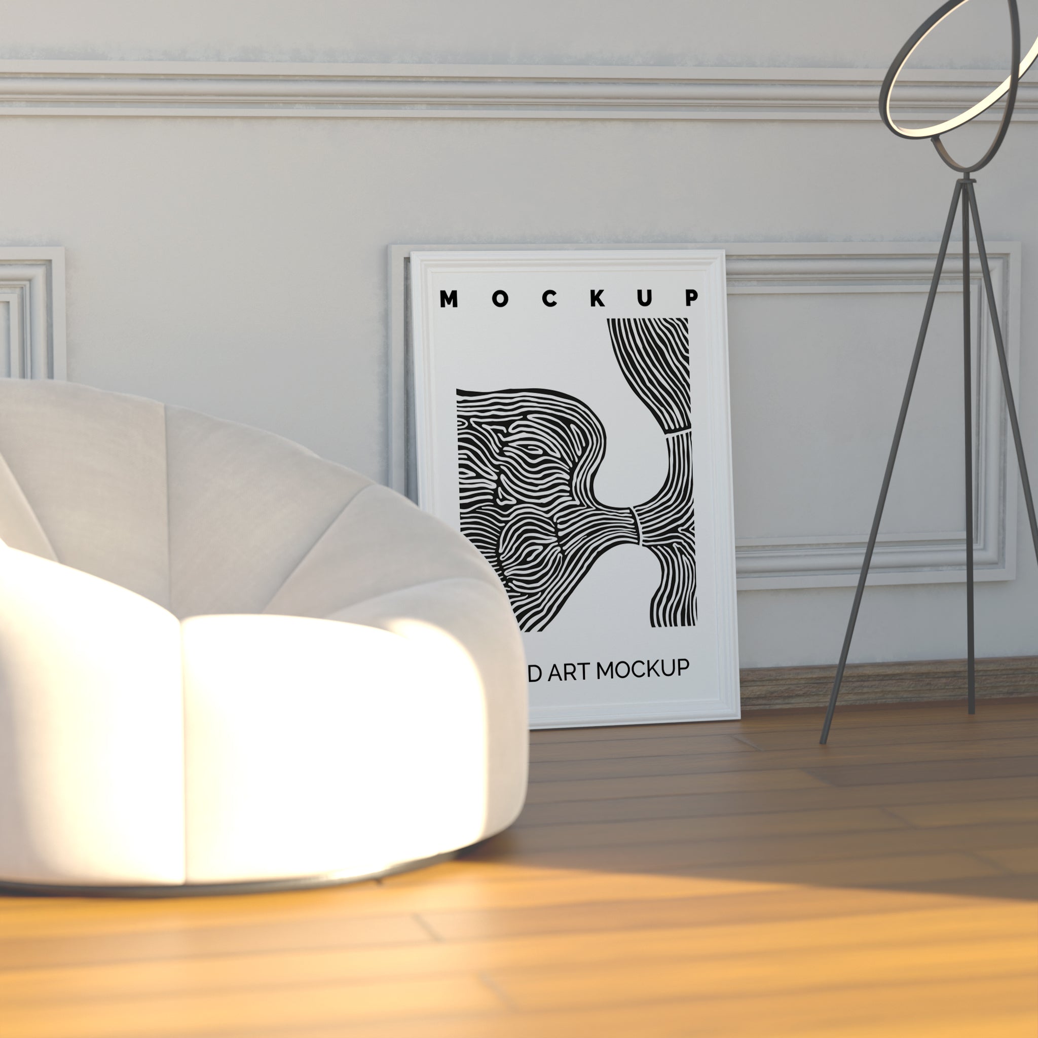 Large Framed Artwork Mockup Bundle – 4 PSDs with Luxury Sofa & Sunlight