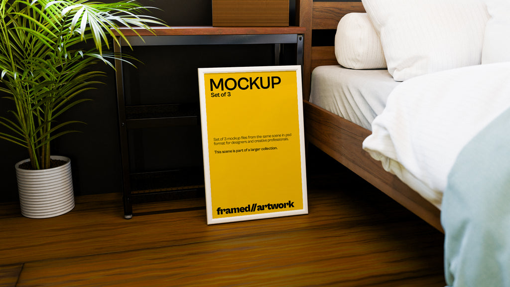 Framed Artwork on Floor Mockup Bundle – 3 PSDs Beside Bed | Sanctum Collection