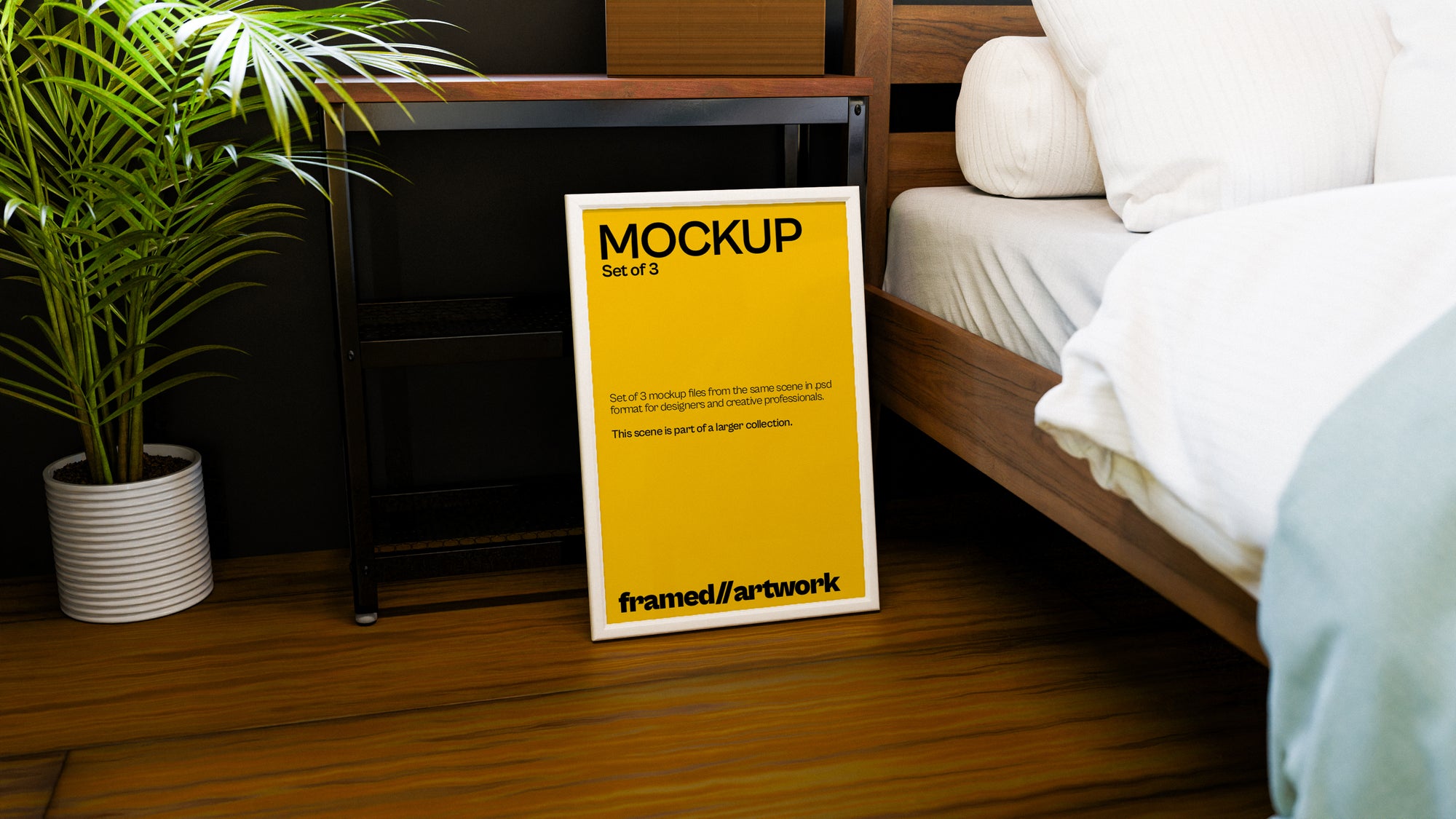 Framed Artwork on Floor Mockup Bundle – 3 PSDs Beside Bed | Sanctum Collection