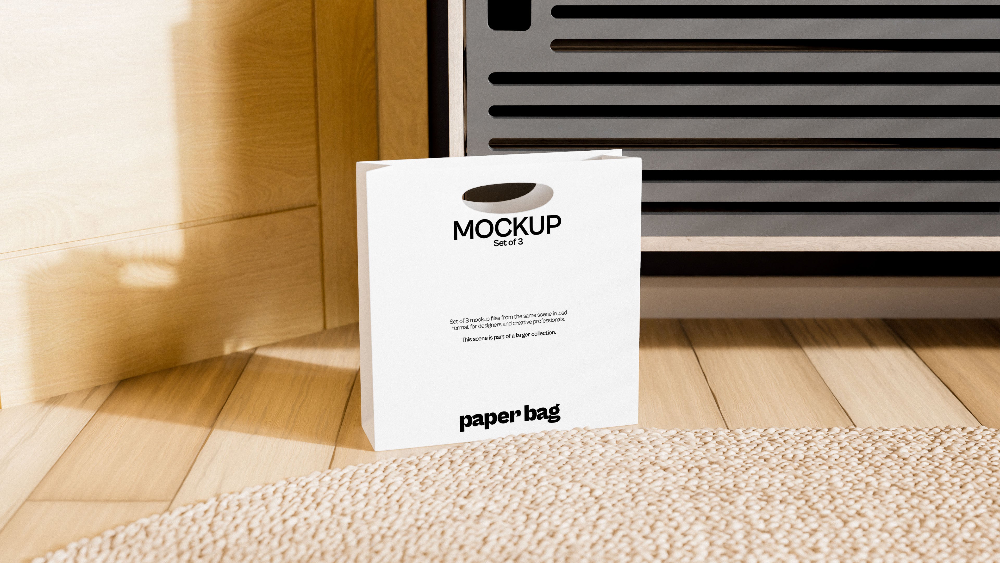 White Paper Bag Mockup Bundle – 3 PSDs in Cozy Living Space