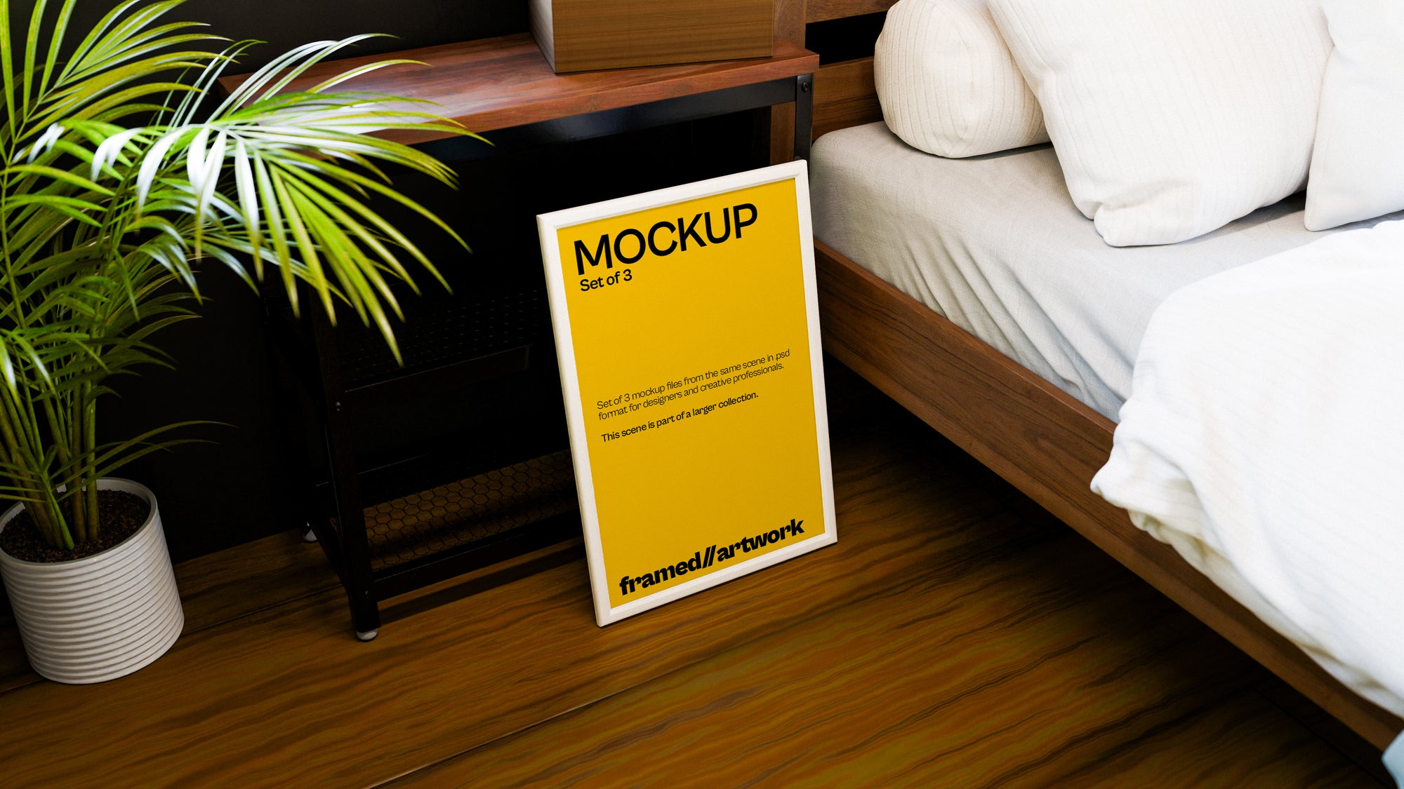 Framed Artwork on Floor Mockup Bundle – 3 PSDs Beside Bed | Sanctum Collection