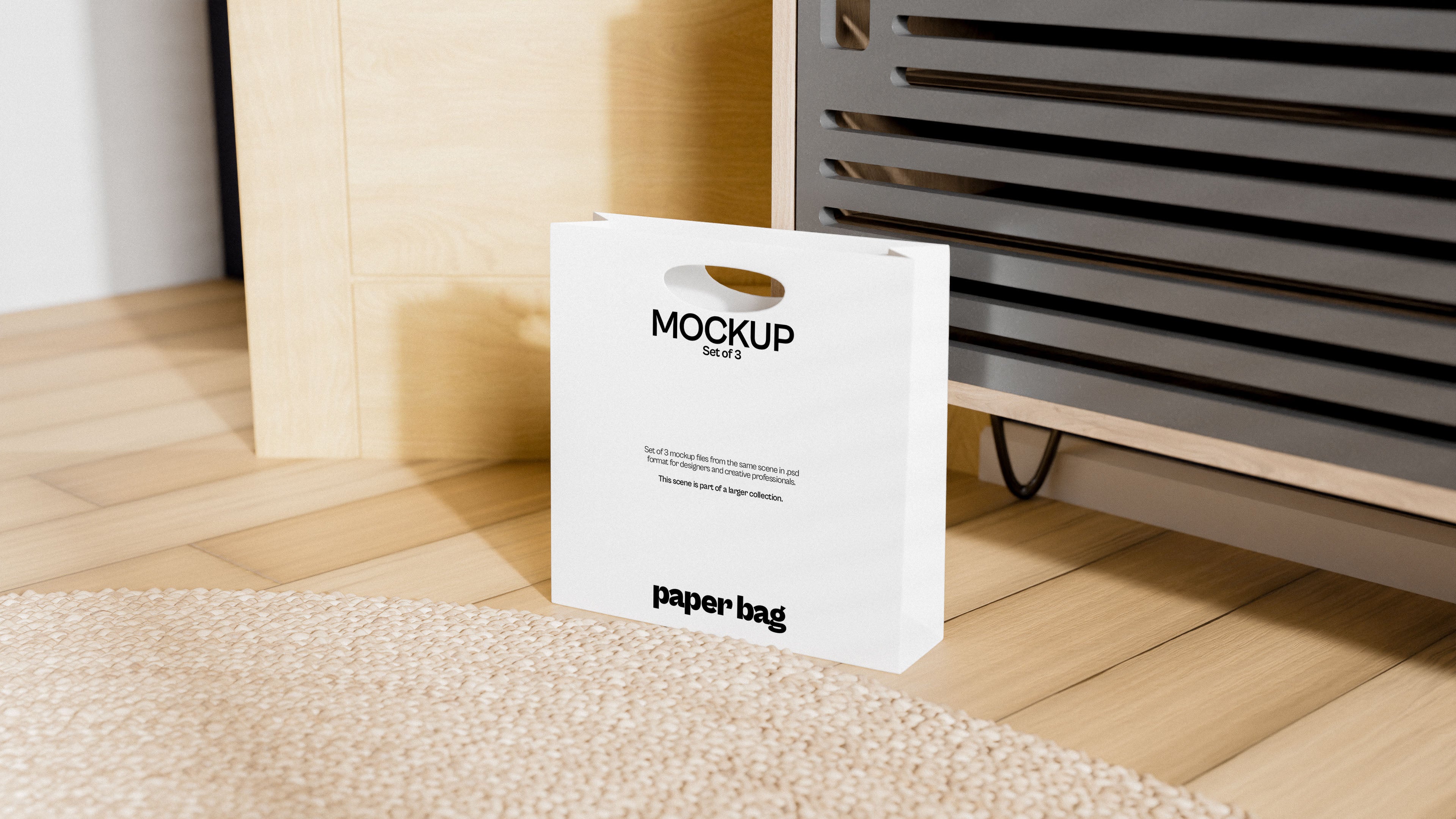 White Paper Bag Mockup Bundle – 3 PSDs in Cozy Living Space