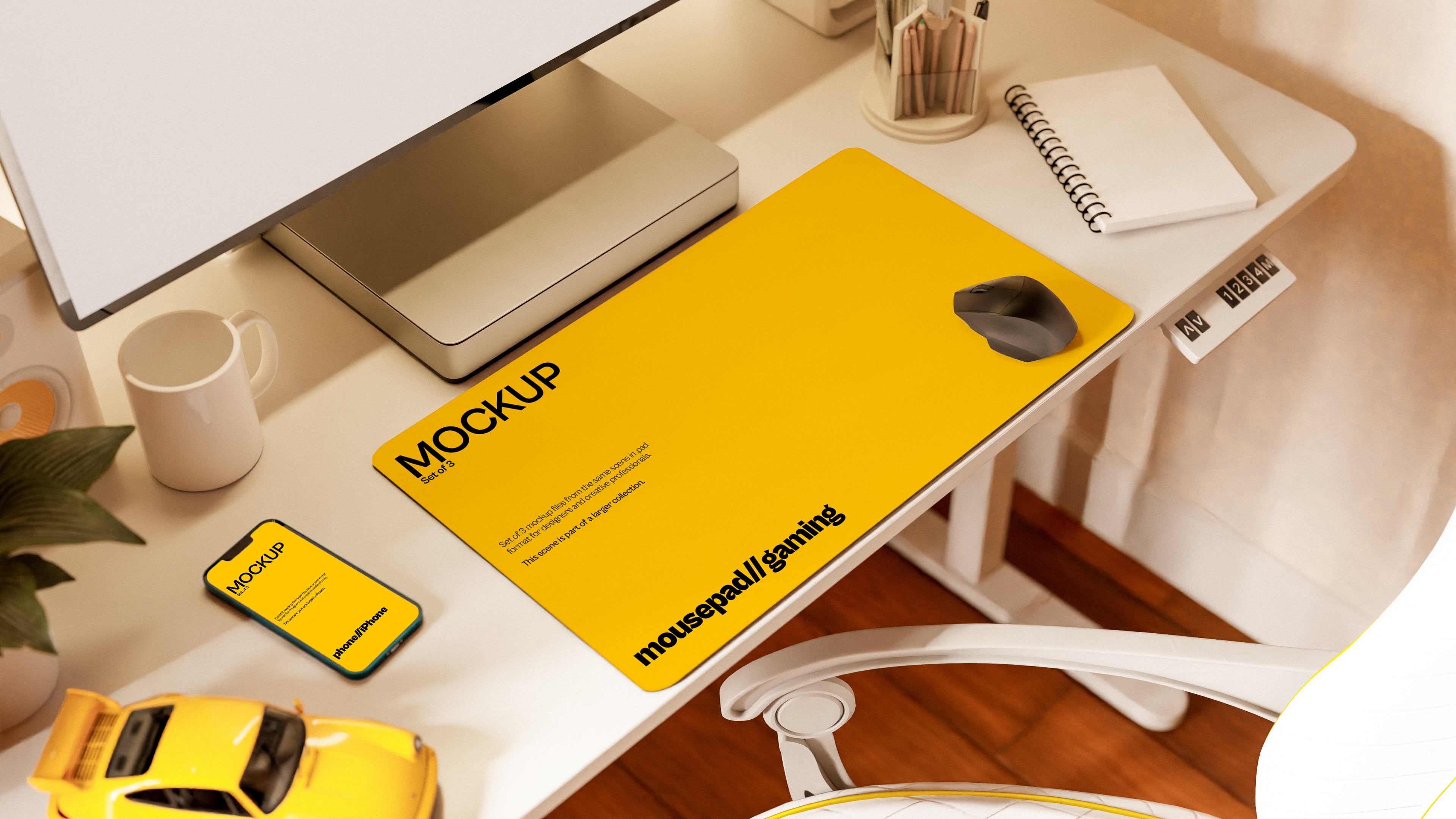 Long Gaming Mousepad Mockup Bundle – 3 PSDs in Futuristic Desk Setup | Surge Collection
