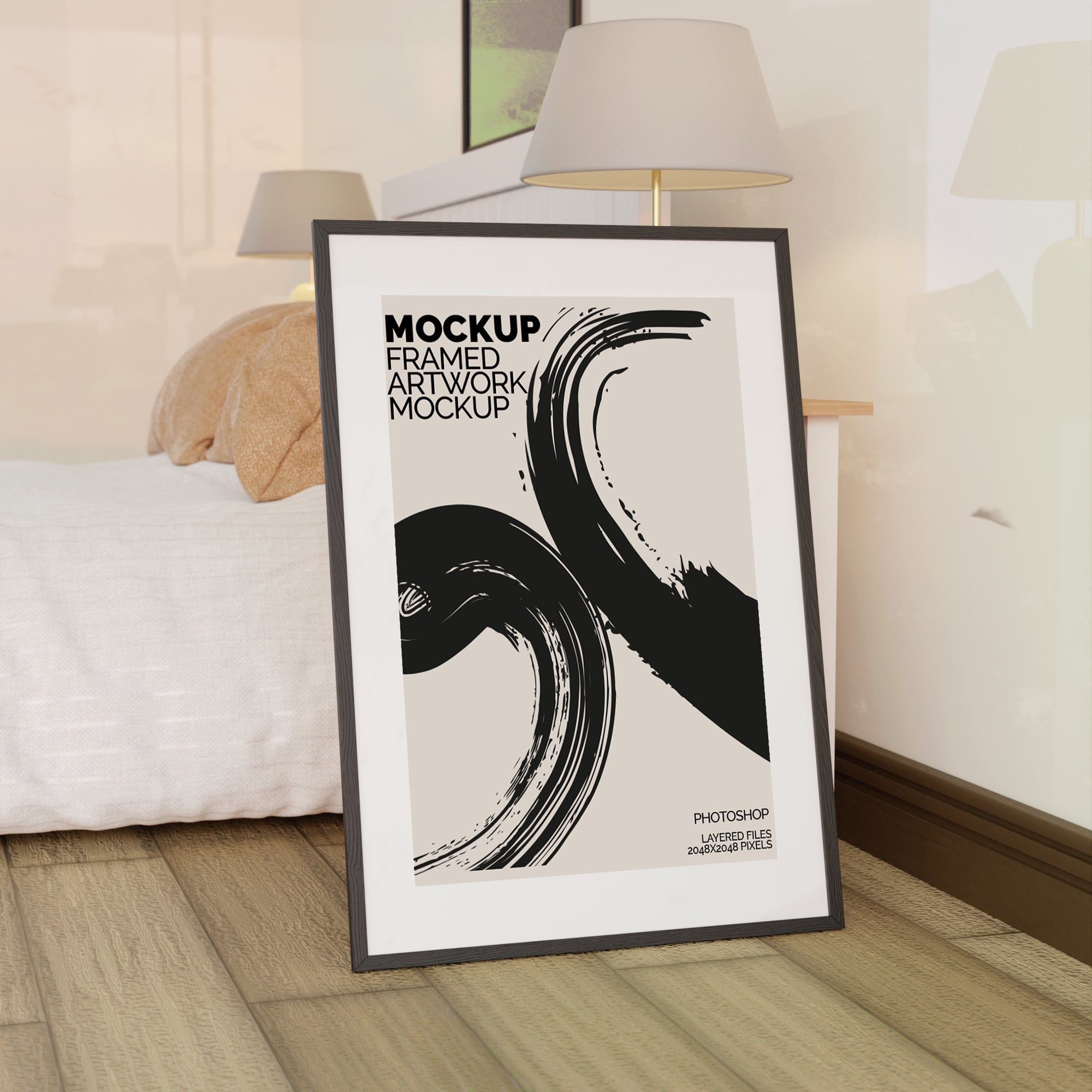 Large Framed Artwork Mockup Bundle – 6 PSDs in Contemporary Bedroom Setting