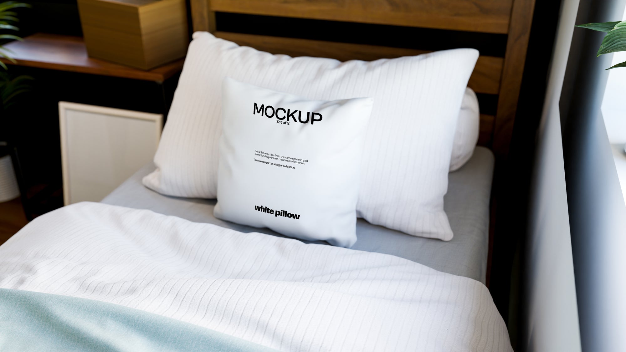 White Sublimation Throw Pillow Mockup Bundle – 3 PSDs in Minimal Interior | Sanctum Collection