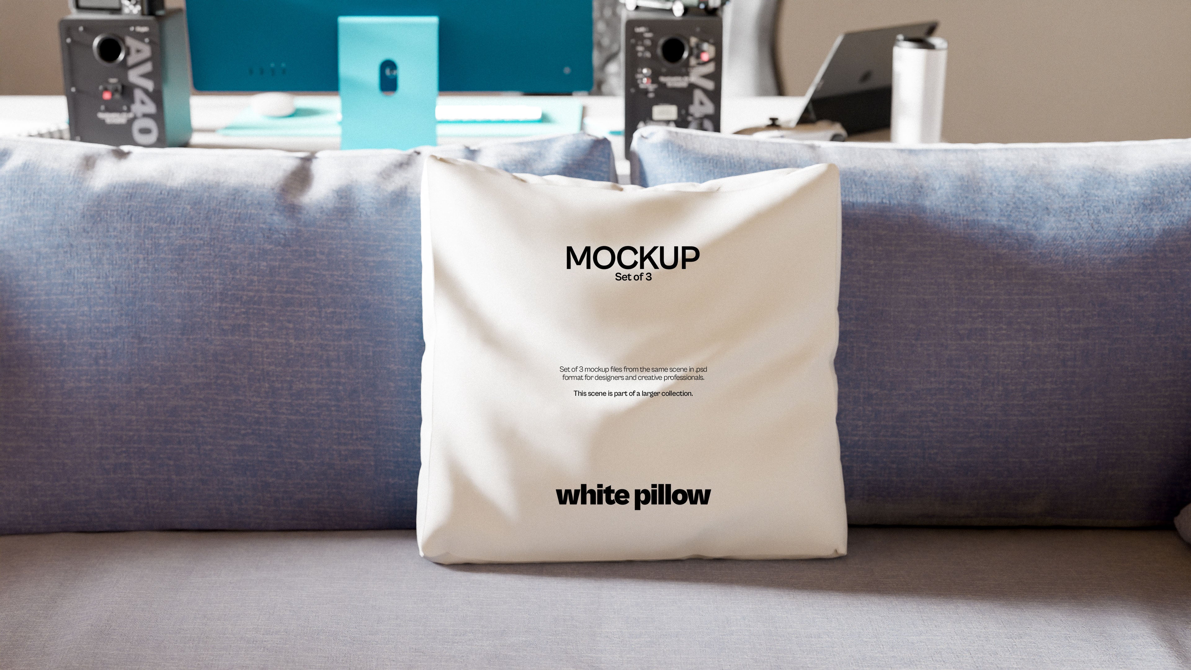 White Throw Pillow Mockup Bundle – 3 PSDs on Sofa
