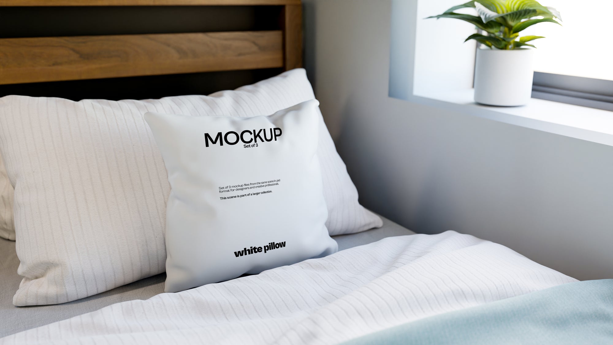 White Sublimation Throw Pillow Mockup Bundle – 3 PSDs in Minimal Interior | Sanctum Collection