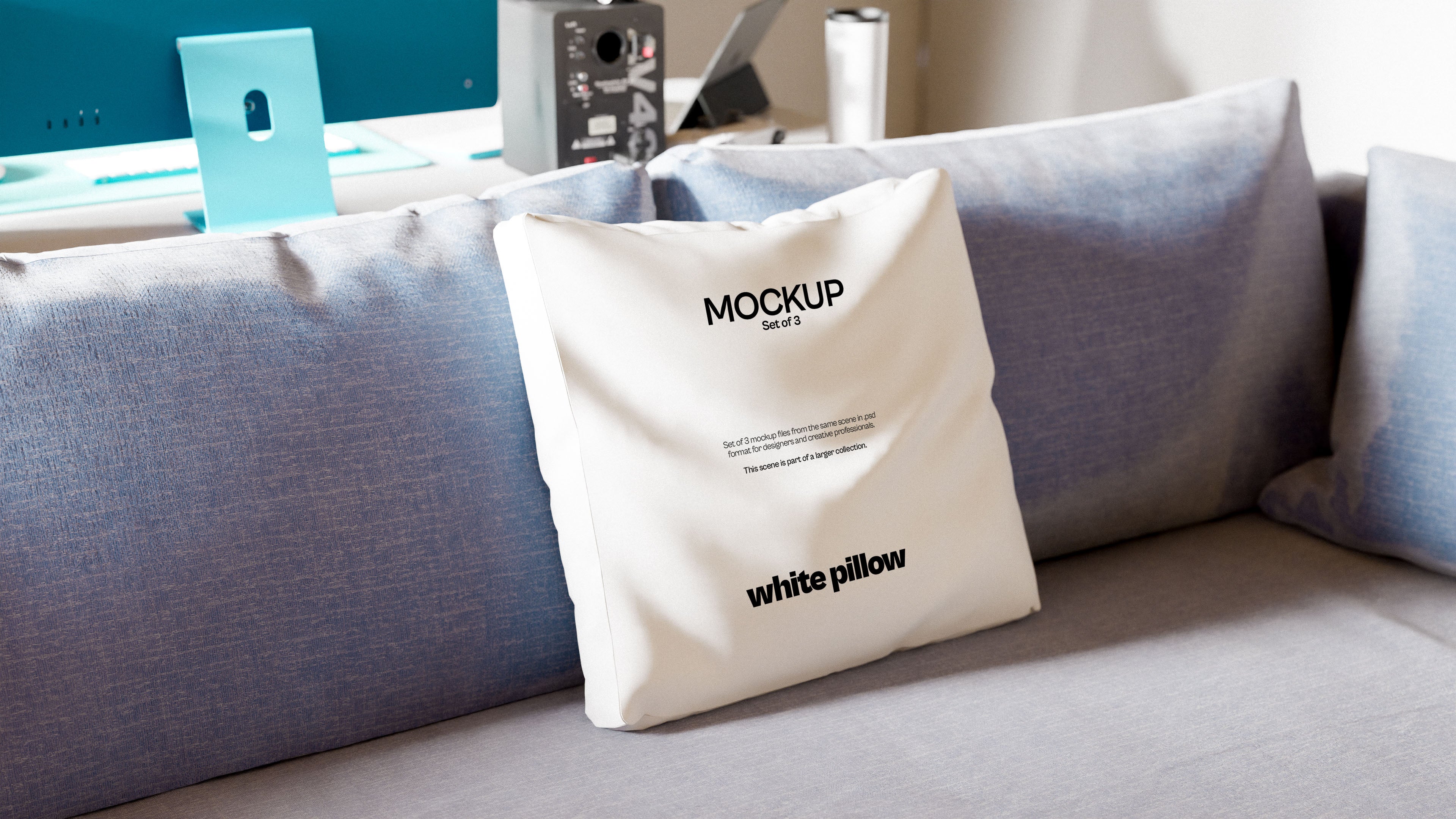 White Throw Pillow Mockup Bundle – 3 PSDs on Sofa
