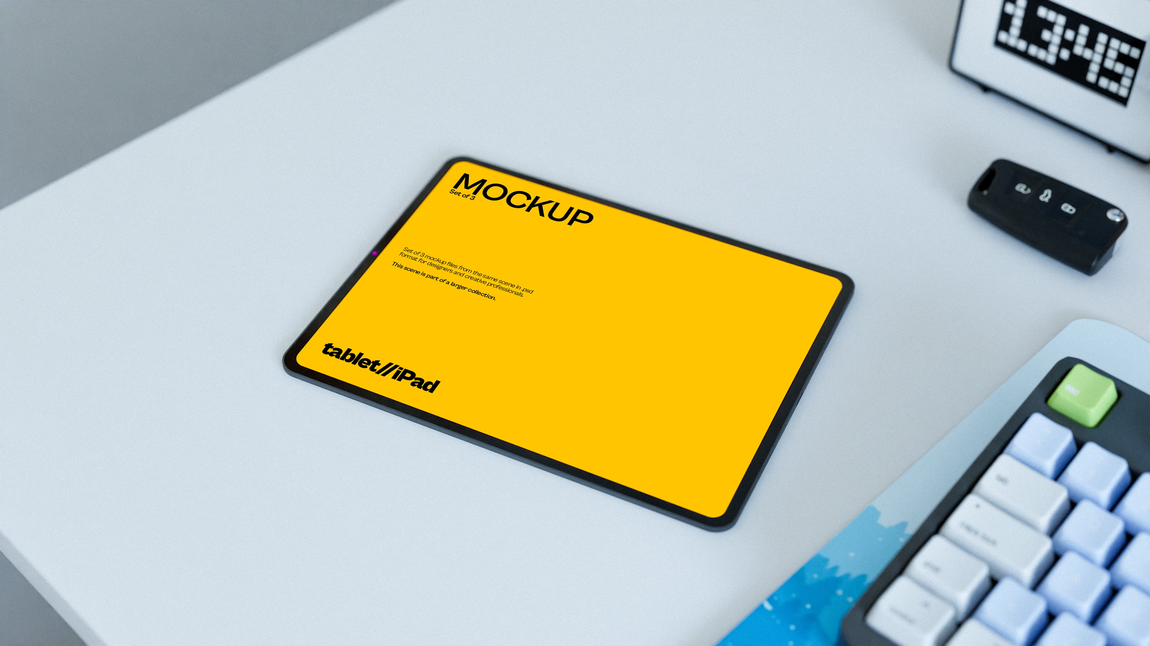 iPad Screen Mockup Bundle – 3 PSDs in Bright Minimal Scene | Lumen Collection