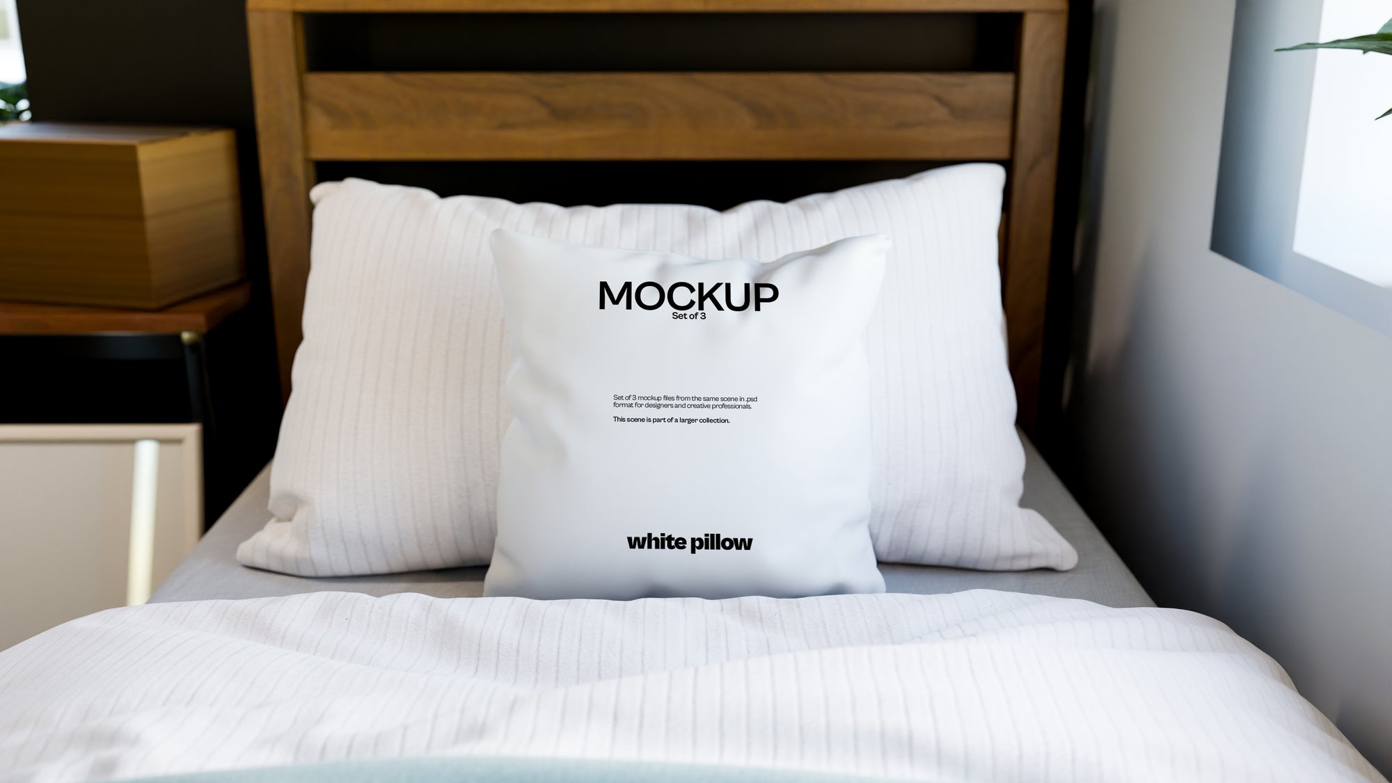 White Sublimation Throw Pillow Mockup Bundle – 3 PSDs in Minimal Interior | Sanctum Collection