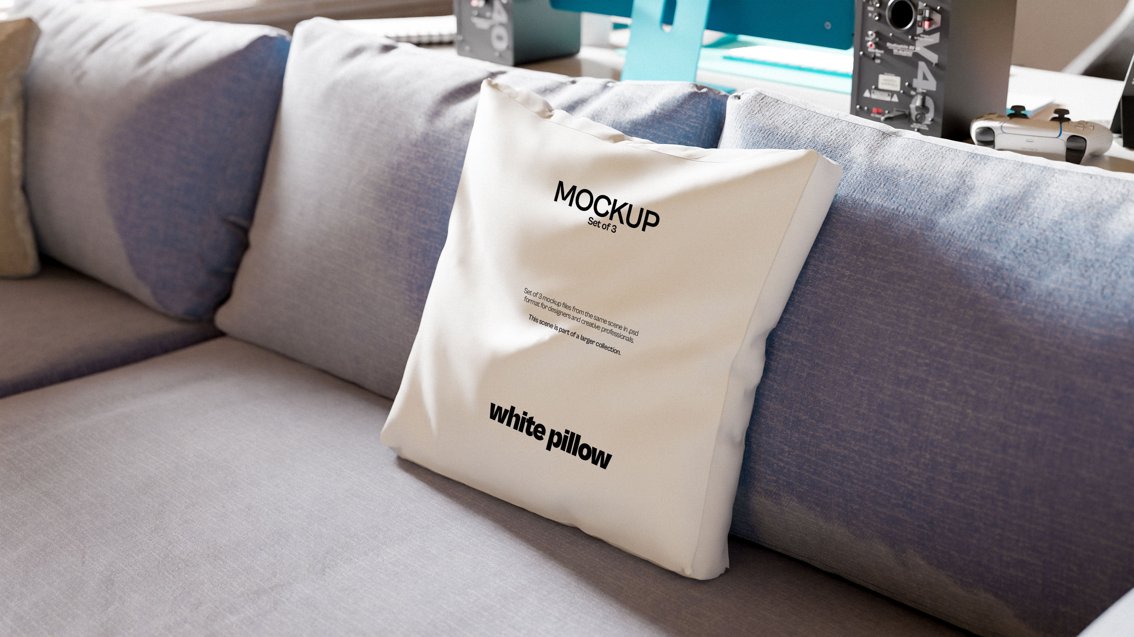 White Throw Pillow Mockup Bundle – 3 PSDs on Sofa