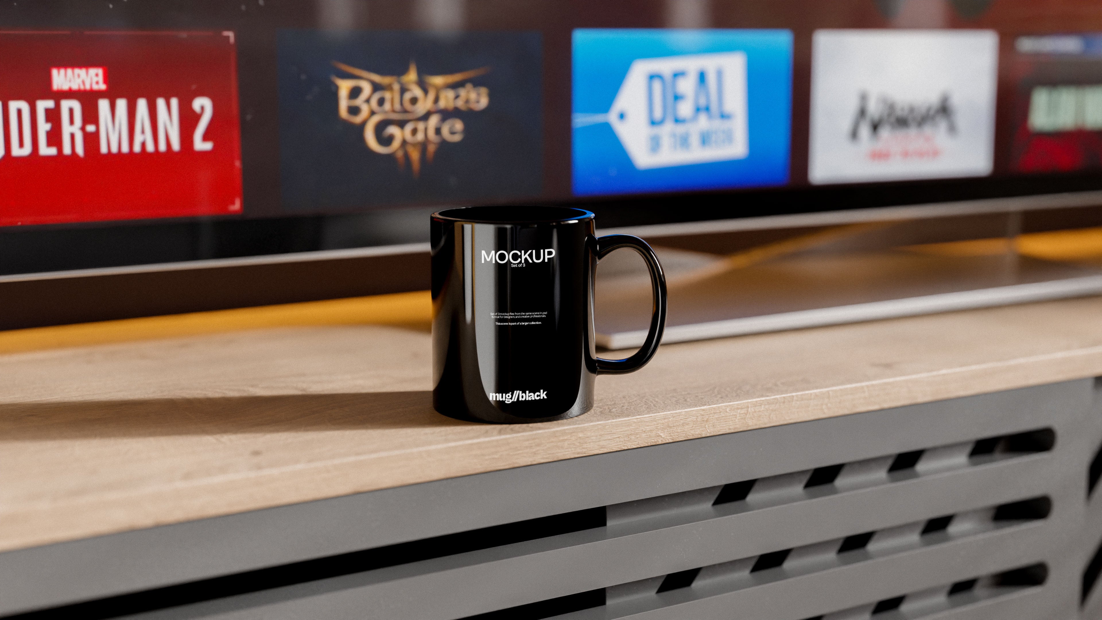 Black Ceramic Mug Mockup Bundle – 3 PSDs in Cozy Living Room