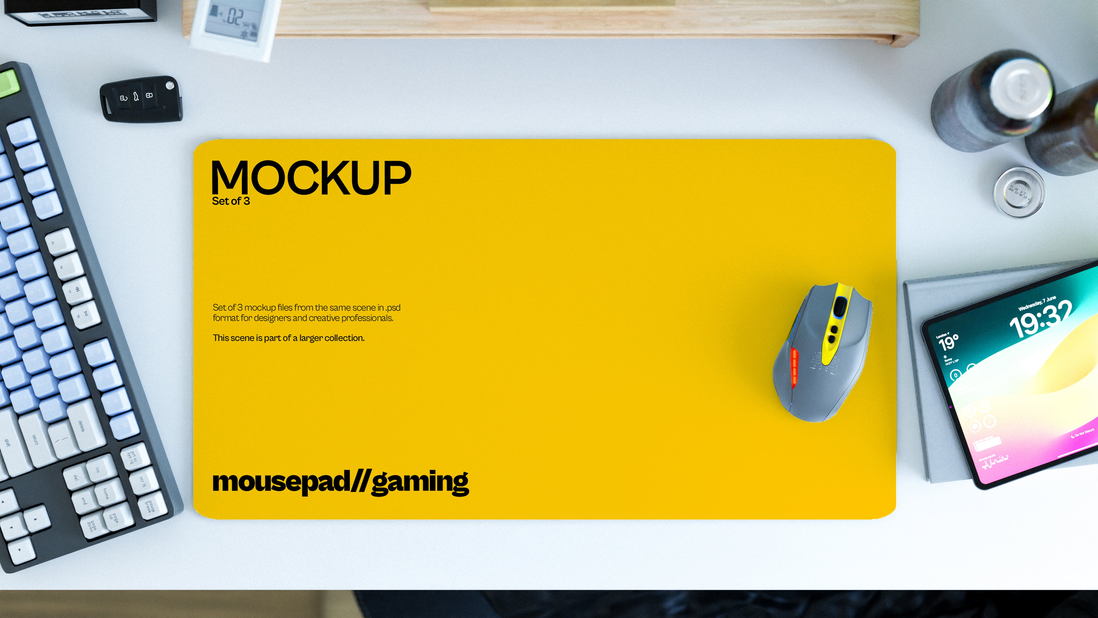 Long Gaming Mousepad Mockup Bundle – 3 PSDs in Bright Workspace | Lumen Collection