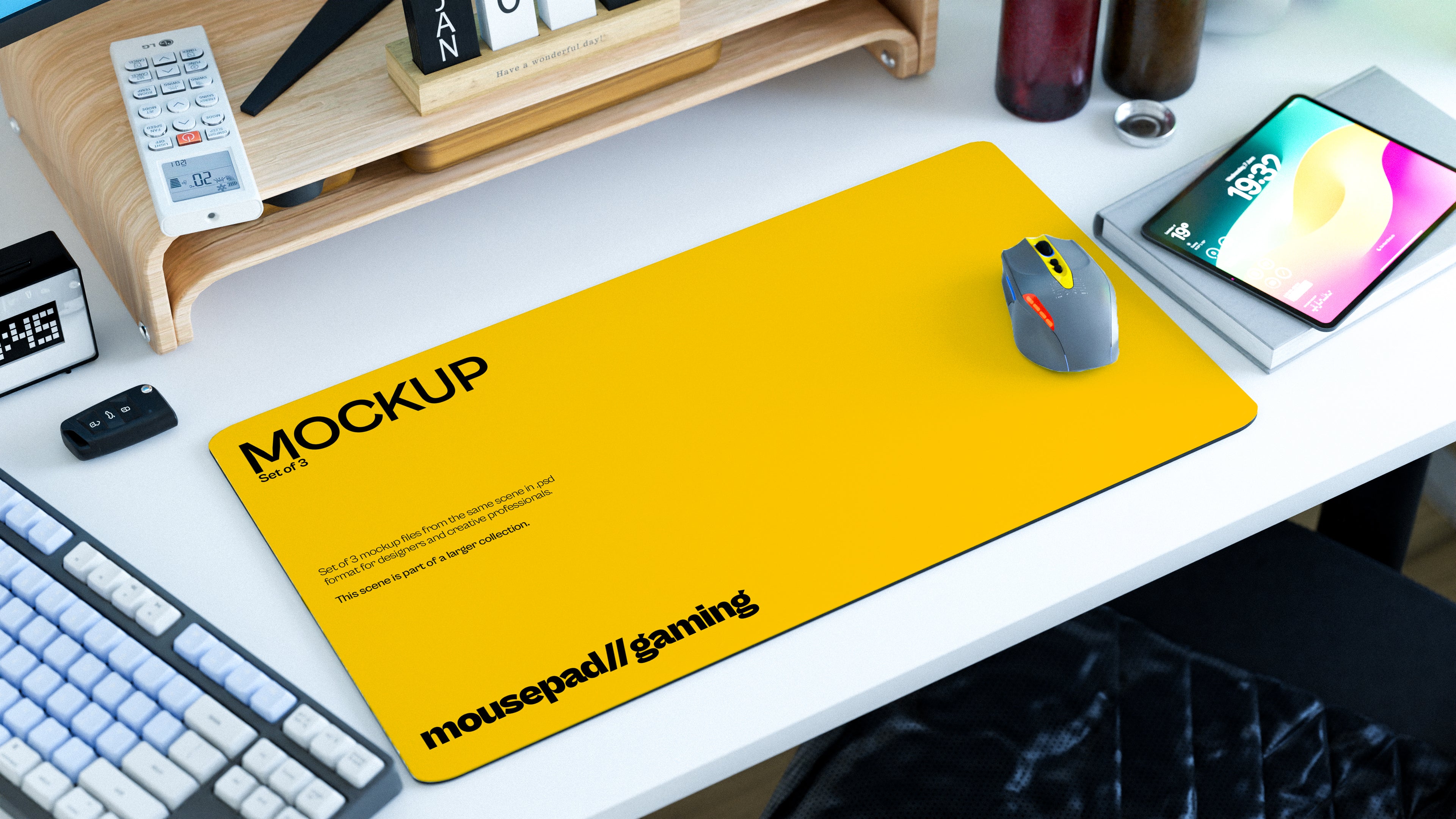 Long Gaming Mousepad Mockup Bundle – 3 PSDs in Bright Workspace | Lumen Collection