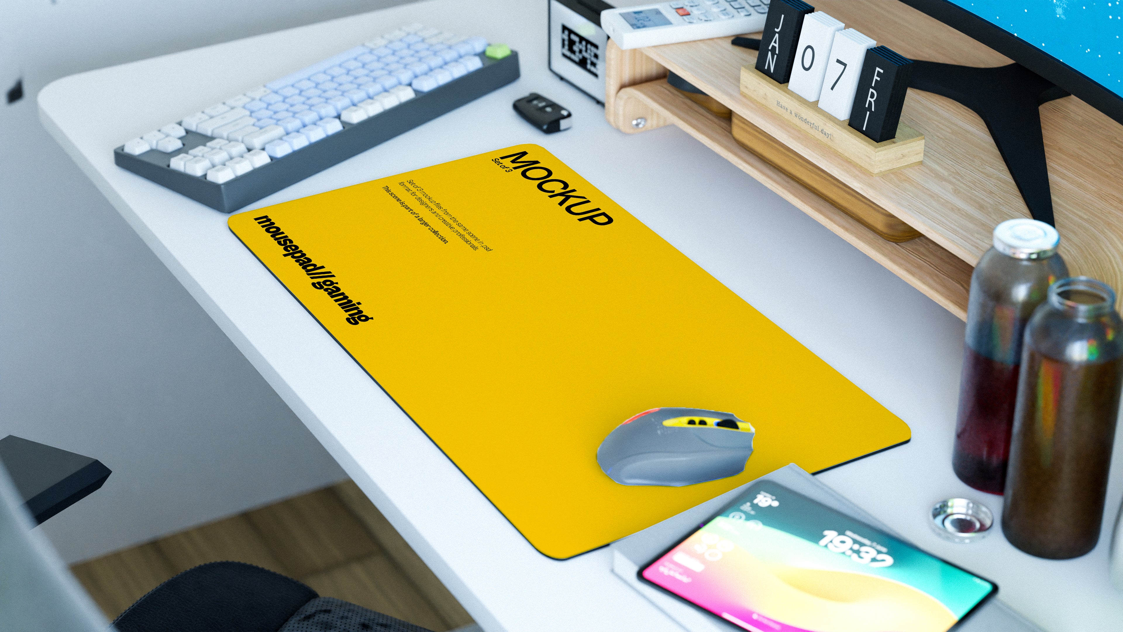 Long Gaming Mousepad Mockup Bundle – 3 PSDs in Bright Workspace | Lumen Collection