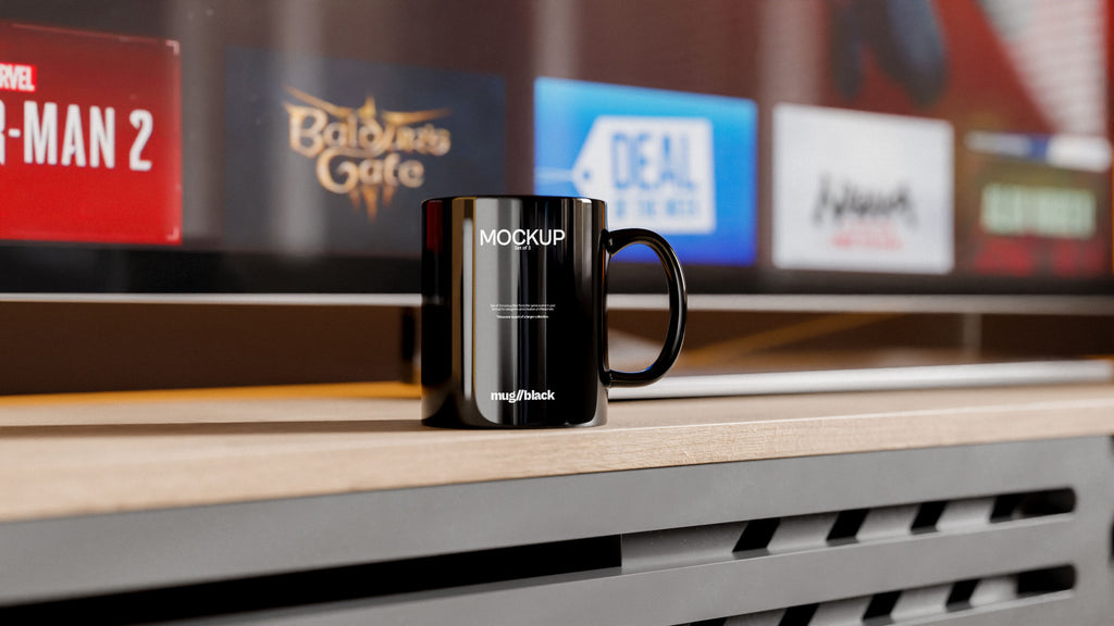 Black Ceramic Mug Mockup Bundle – 3 PSDs in Cozy Living Room