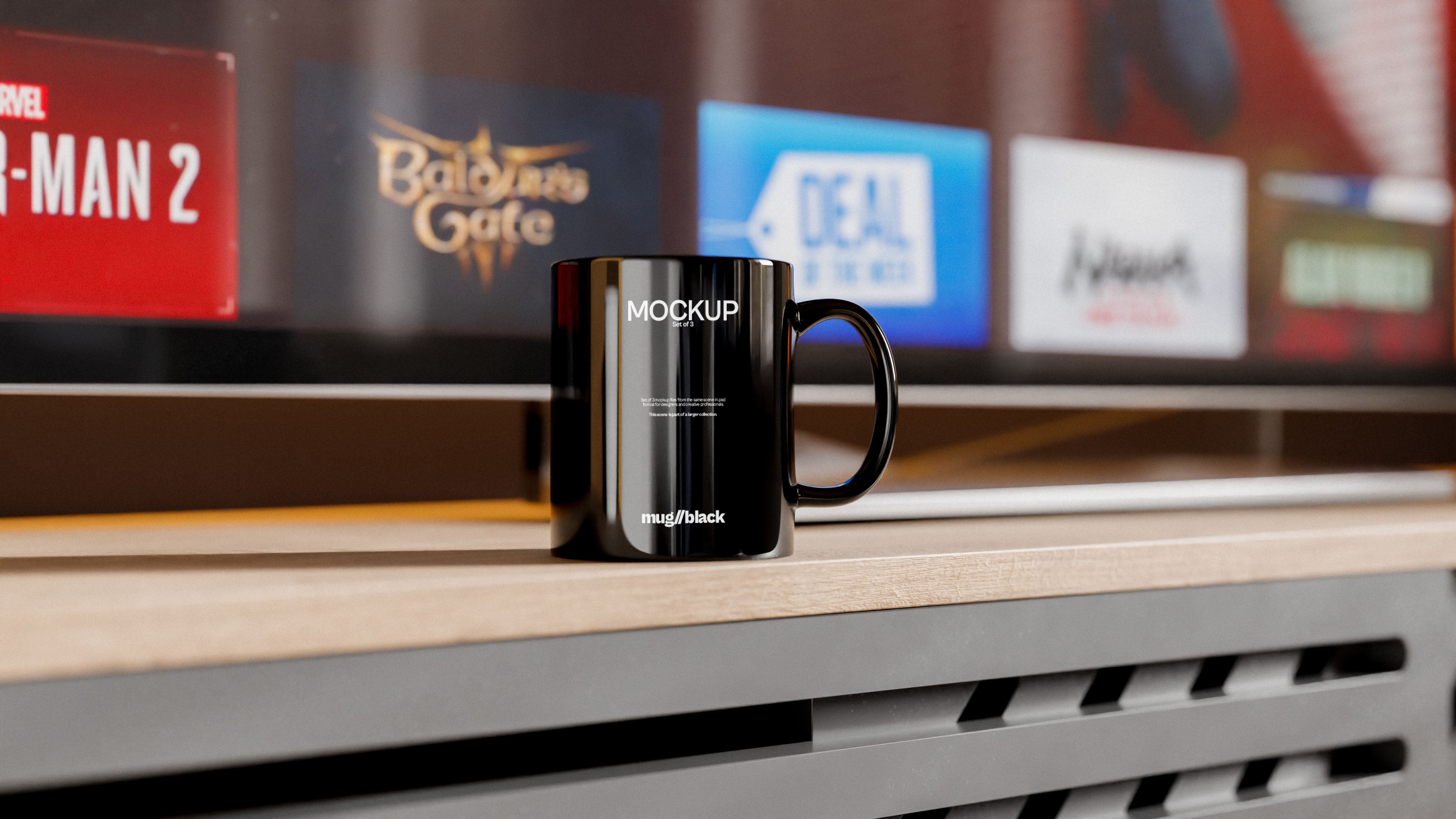 Black Ceramic Mug Mockup Bundle – 3 PSDs in Cozy Living Room
