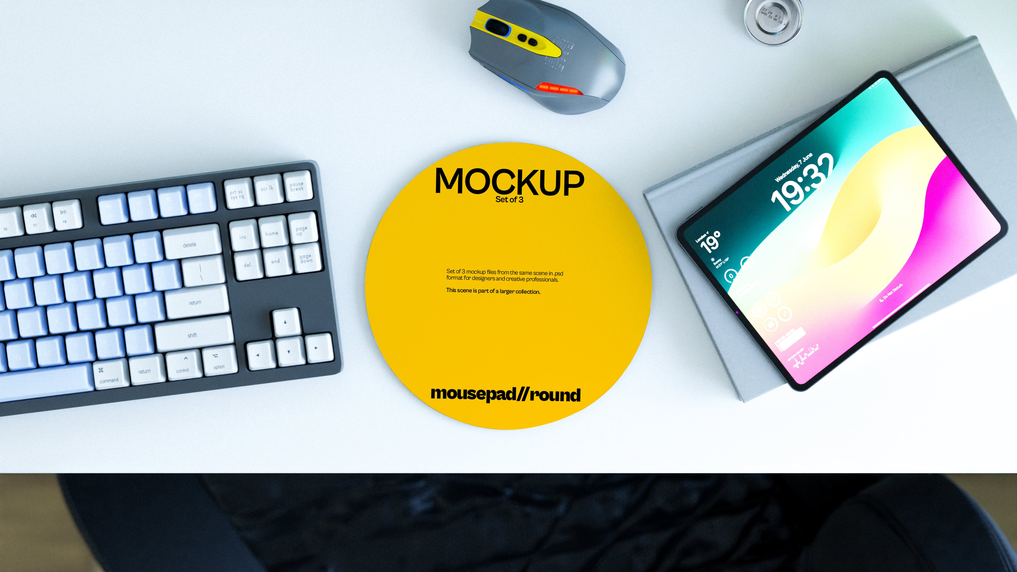 Round Mousepad Mockup Bundle – 3 PSDs in Bright Workspace Scene | Lumen Collection