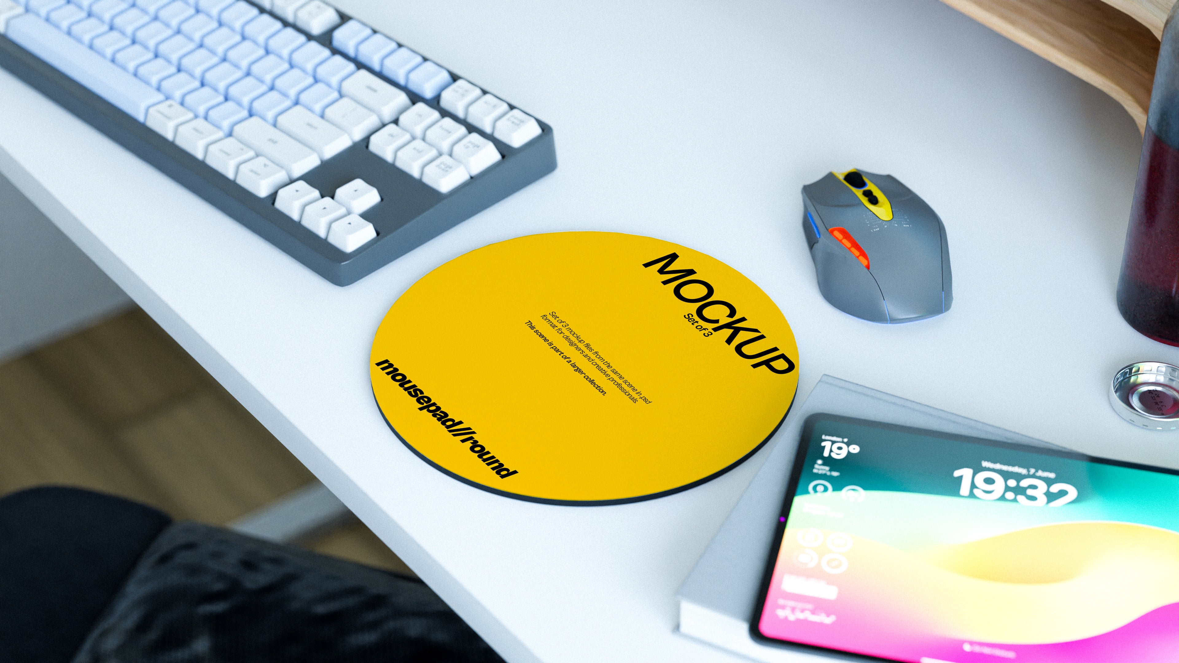 Round Mousepad Mockup Bundle – 3 PSDs in Bright Workspace Scene | Lumen Collection