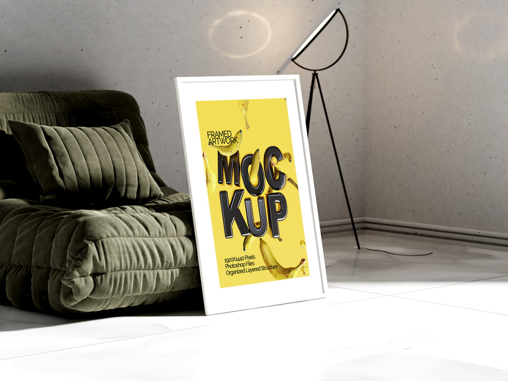 Large Framed Artwork Mockup Bundle – 4 PSDs with Frame on Sofa | Crest Collection