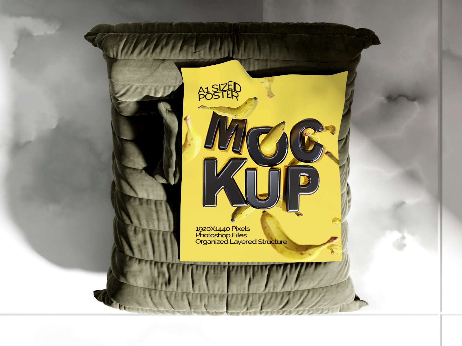 A1 Poster Mockup Bundle – 4 PSDs with Poster on Sofa | Crest Collection